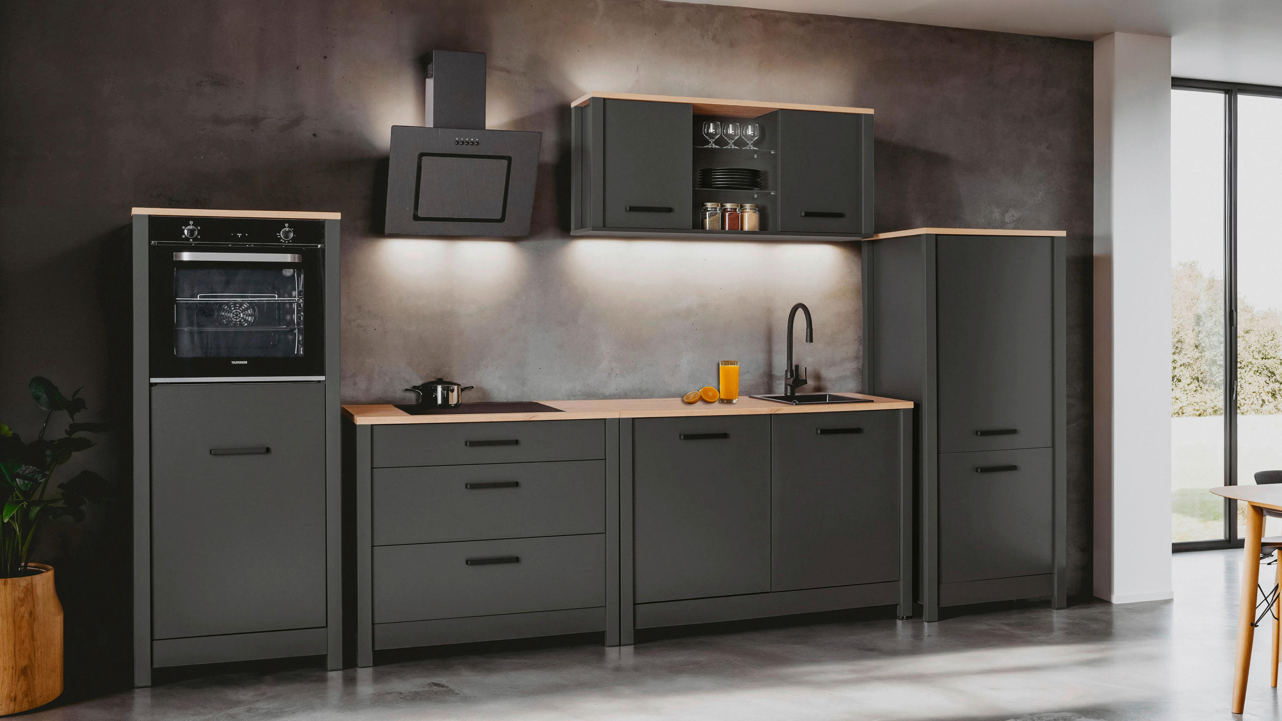 KÜCHENLEERBLOCK   in Anthrazit, Eiche Artisan  - Anthrazit/Schwarz, MODERN, Glas/Holzwerkstoff (370cm) - home24