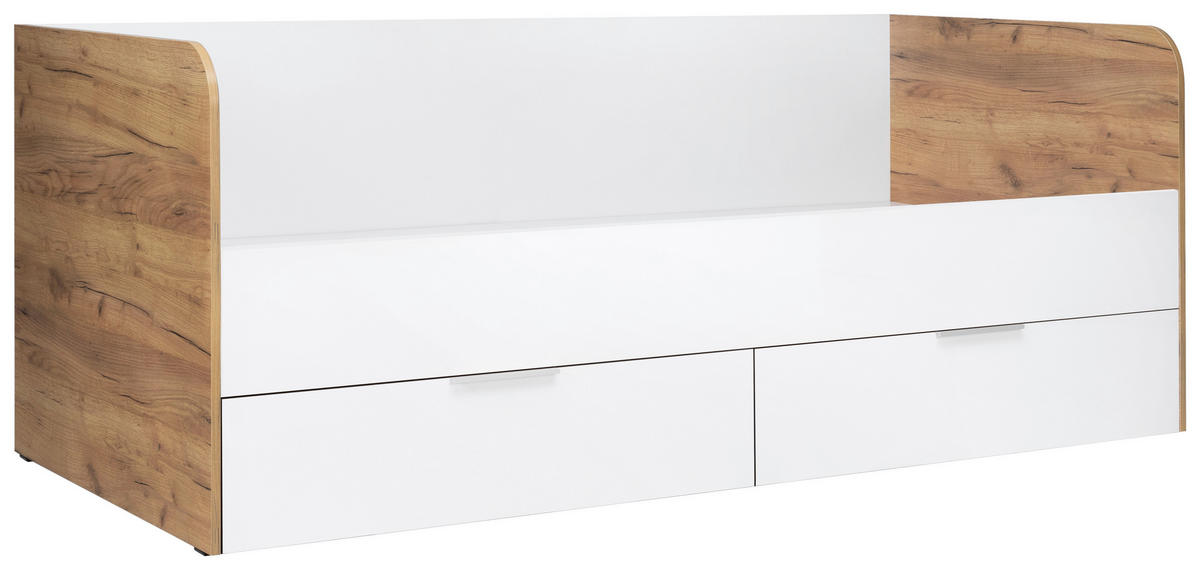 STAURAUMBETT 90/200 cm  in Eiche Wotan  - Weiß Hochglanz/Eiche Wotan, MODERN, Holzwerkstoff (90/200cm) - MID.YOU
