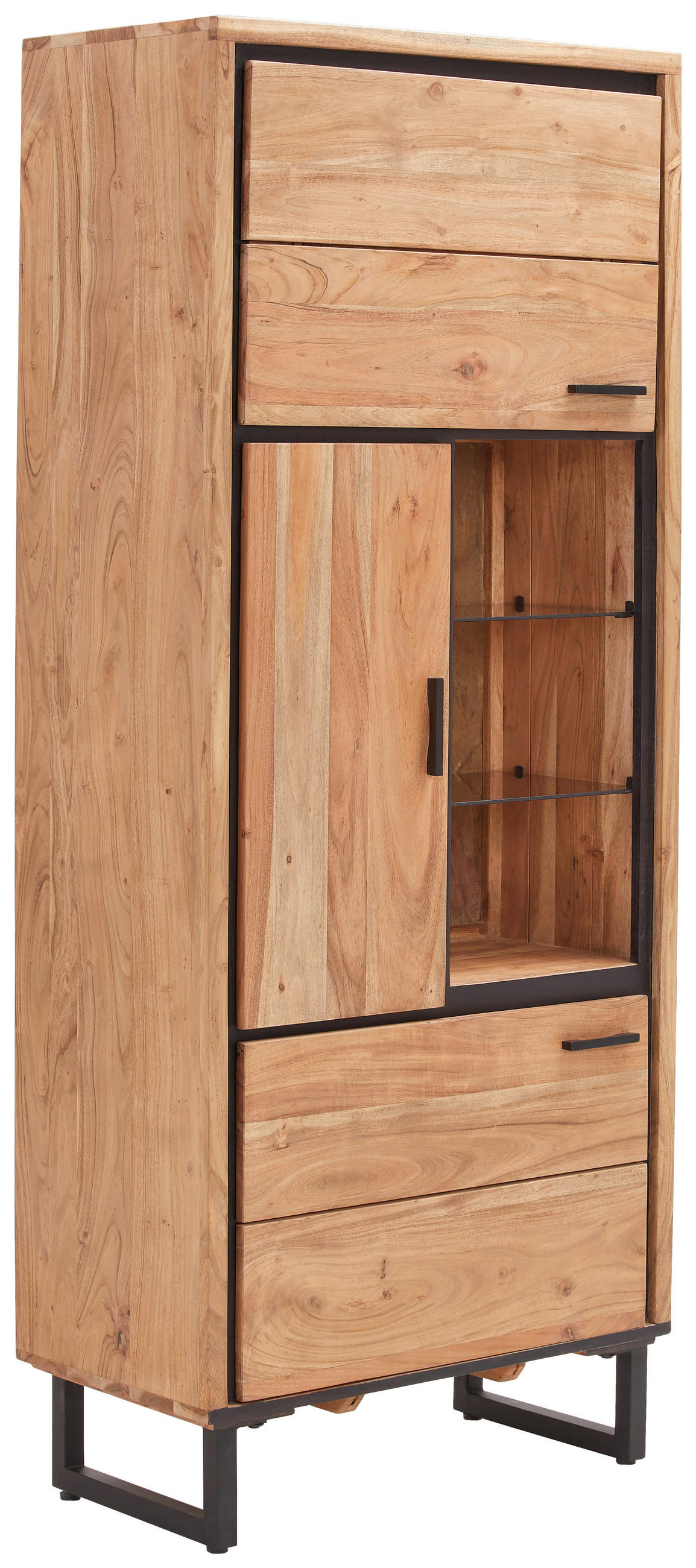VITRINE in Hartholz Akazie Schwarz, Akaziefarben  - Schwarz/Akaziefarben, Design, Glas/Holz (75/182/40cm) - Carryhome