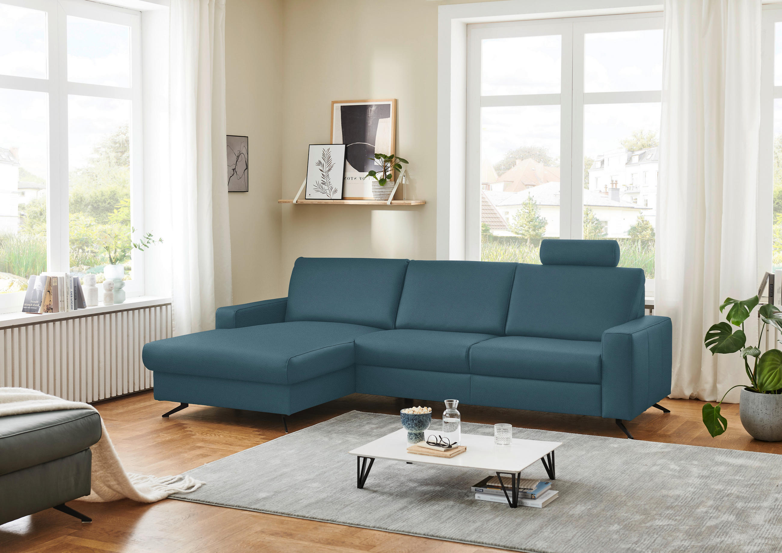 ECKSOFA in Echtleder Blau  165/267 cm  - Blau/Schwarz, Design, Leder/Metall (165/267cm) - Beldomo Premium