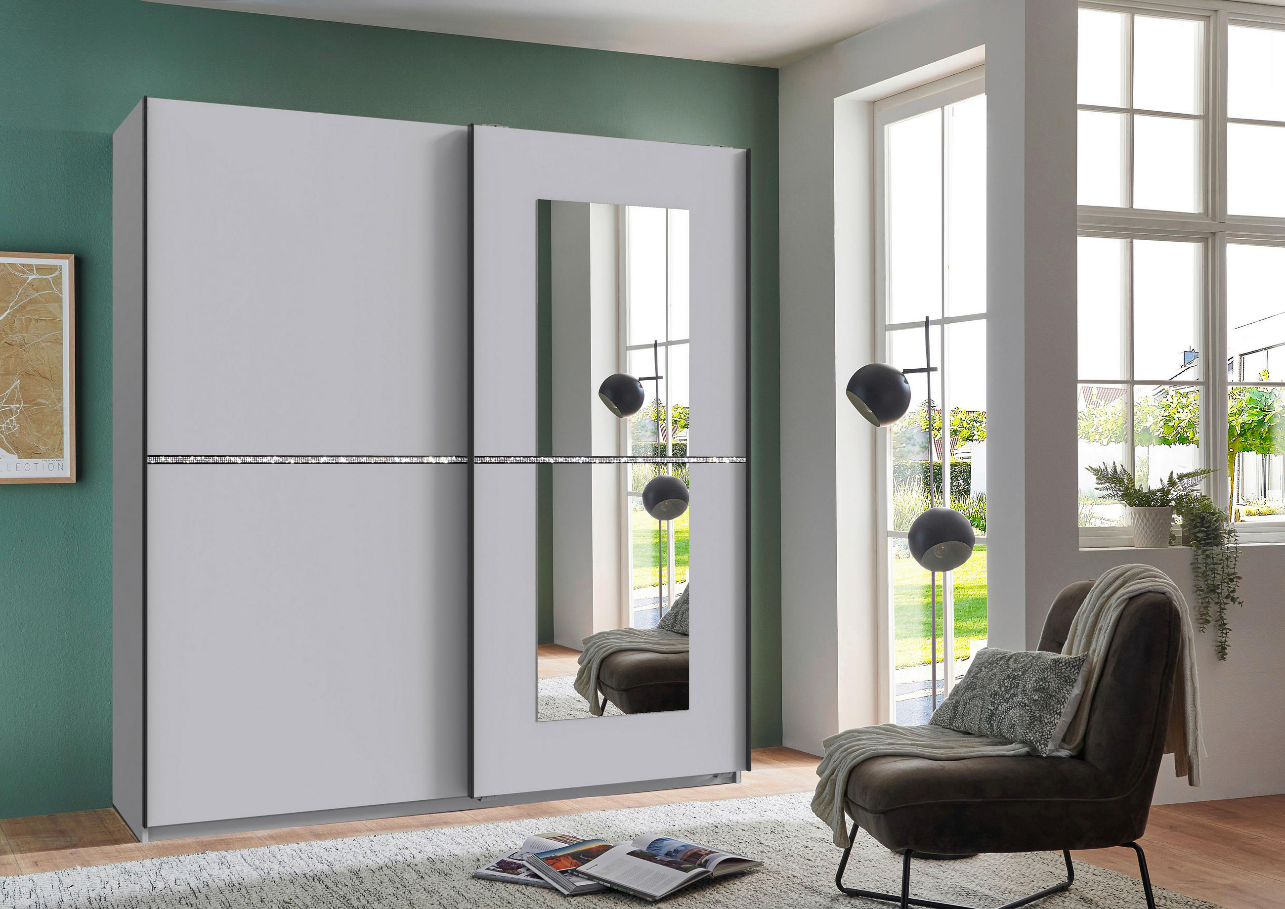 SCHWEBETÜRENSCHRANK in Weiss  - Weiss/Schwarz, Modern, Glas/Holzwerkstoff (180/198/64cm) - MID.YOU
