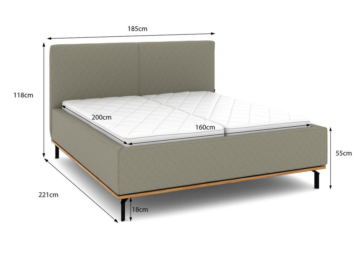 POLSTERBETT 160/200 cm,  in Hellgrau, Matratze, Lattenrost, Bettkasten, H2 + H3 = mittel + fest  - Hellgrau/Graphitfarben, Design, Holz/Textil (160/200cm) - Musterring