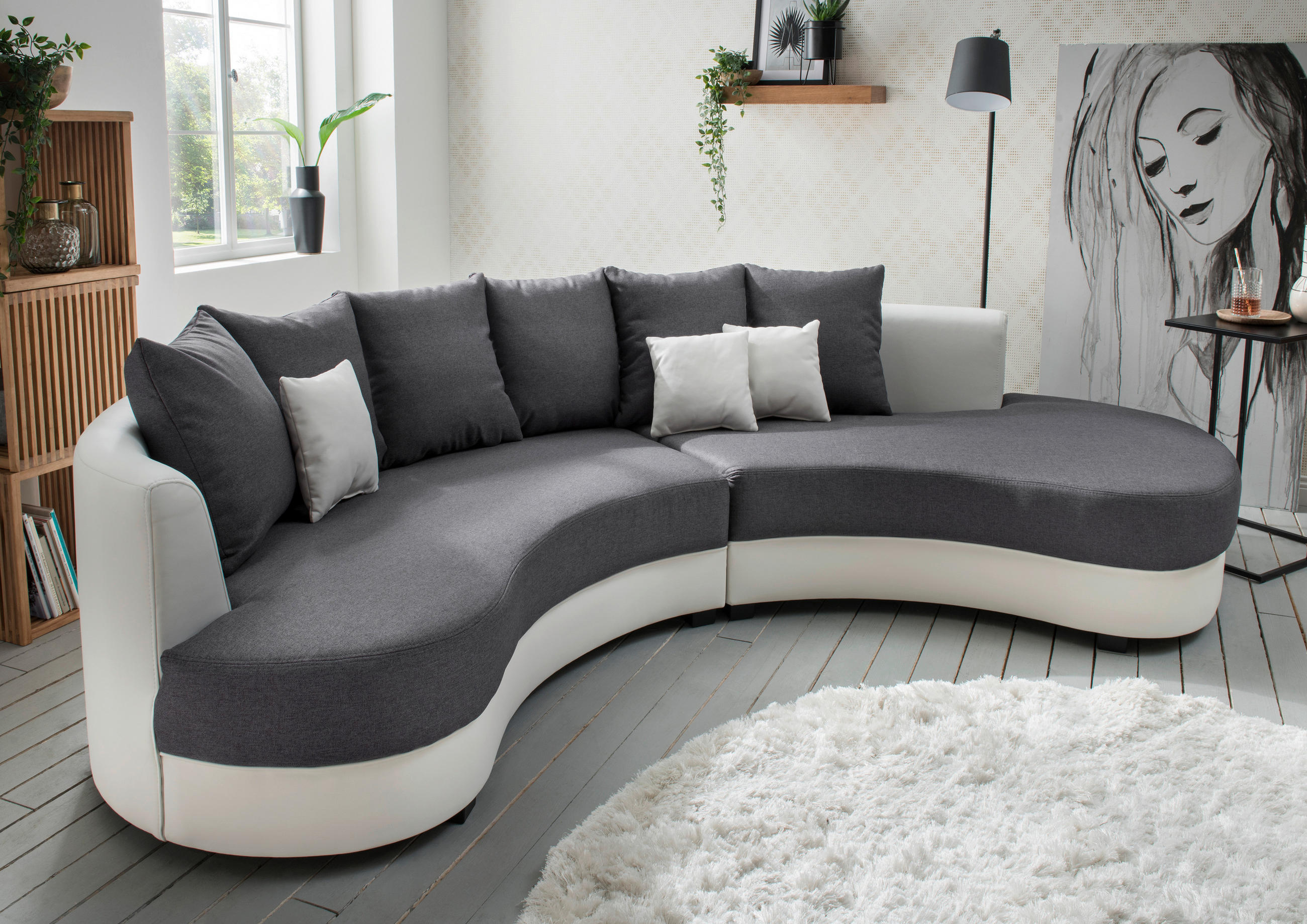 WOHNLANDSCHAFT Weiß, Grau Flachgewebe  - Schwarz/Weiß, Design, Kunststoff/Textil (306/74/183cm) - Carryhome
