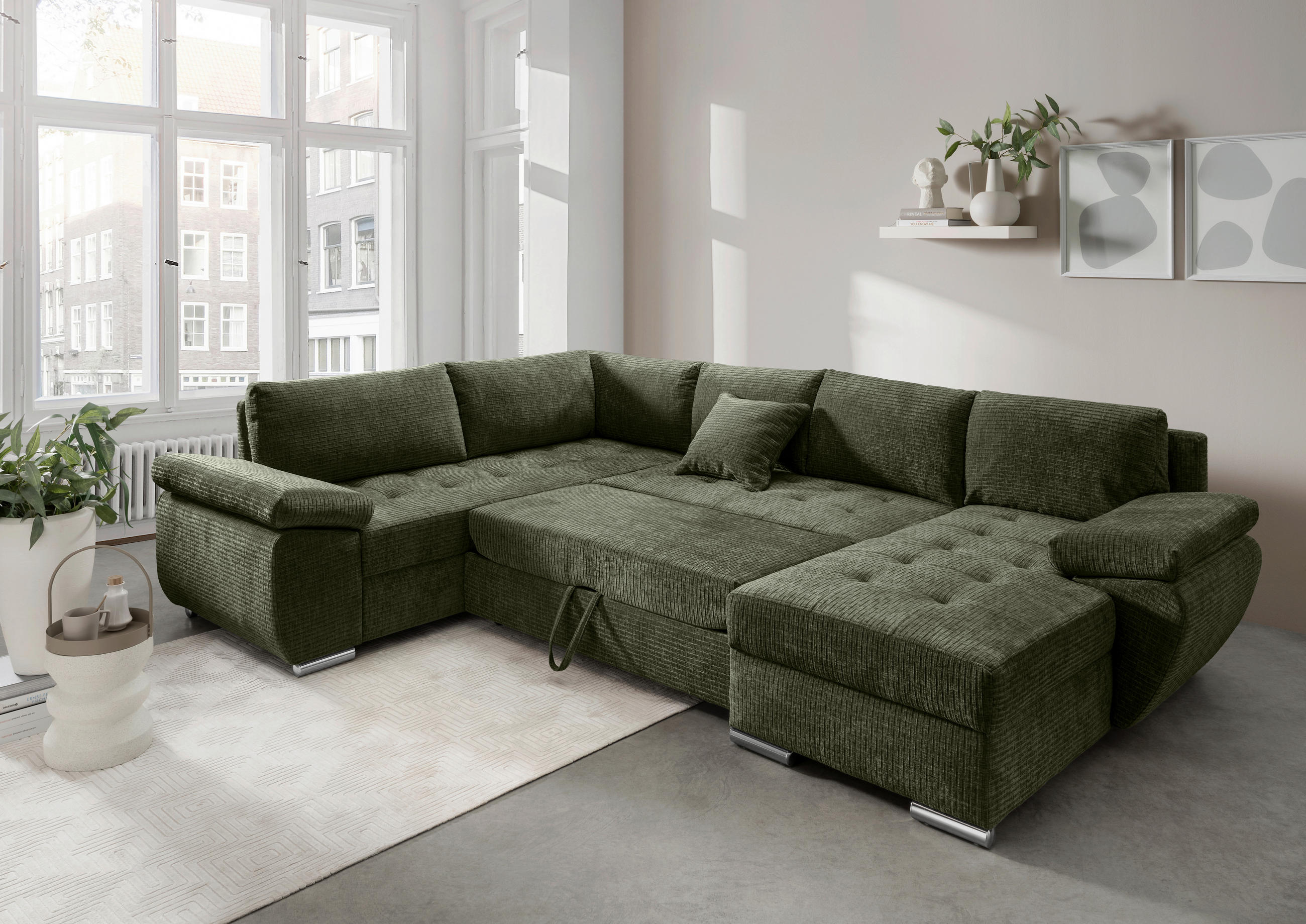 Wohnlandschaft Olivgrün Mikrofaser  - Chromfarben/Olivgrün, KONVENTIONELL, Textil (219/305/157cm) - Livetastic