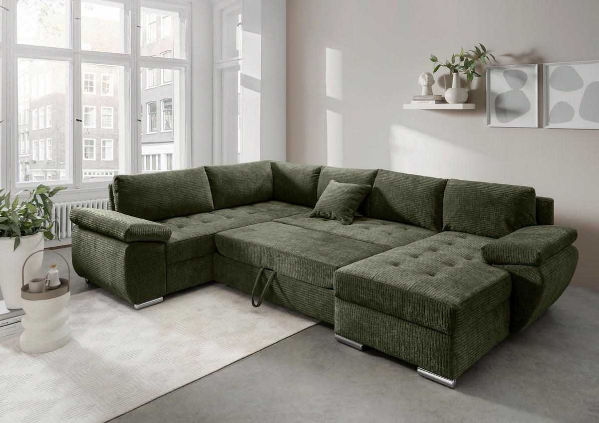 Wohnlandschaft in Mikrofaser Olivgrün  - Chromfarben/Olivgrün, KONVENTIONELL, Textil (219/305/157cm) - Livetastic