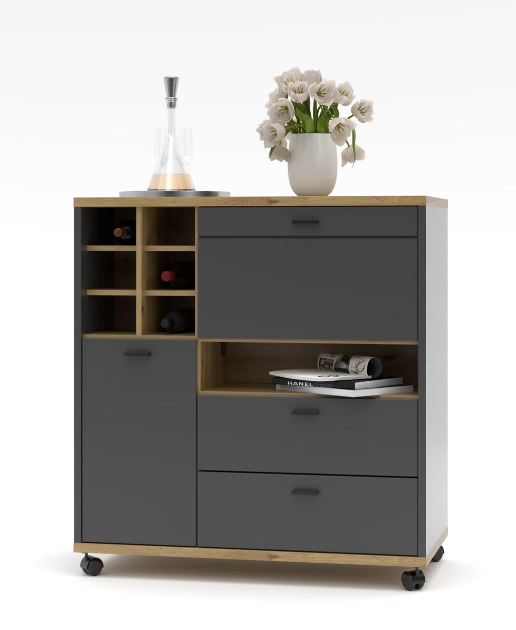 RAUMTEILER  in Holzwerkstoff   - Graphitfarben/Schwarz, Design, Glas/Holzwerkstoff (105/112/53cm) - MID.YOU