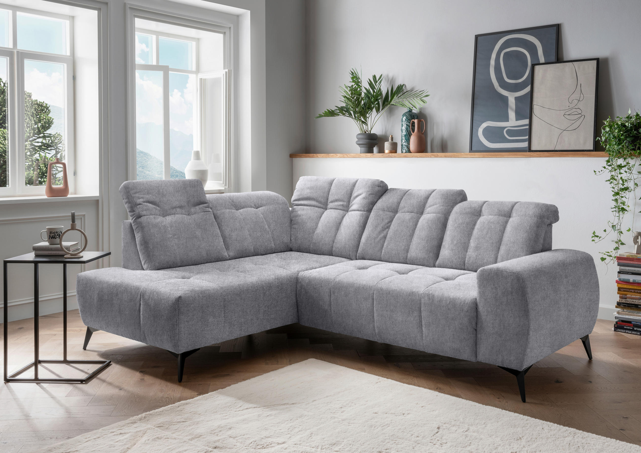 ECKSOFA in Mikrofaser Hellgrau - Hellgrau/Schwarz, Modern, Textil/Metall (200/261cm) - Livetastic