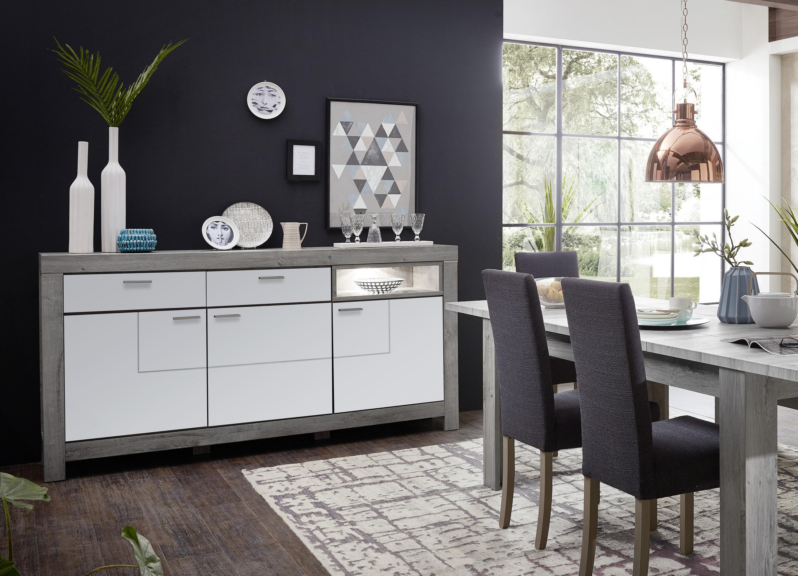 SIDEBOARD Weiß, Eichefarben - Eichefarben/Silberfarben, LIFESTYLE, Holzwerkstoff (196/100/42cm) - Landscape