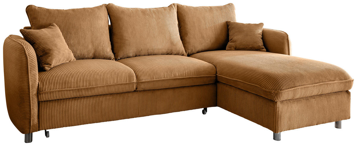 ECKSCHLAFSOFA  mit Rücken echt, Armteil links, Armteil rechts Cord Goldfarben  - Chromfarben/Goldfarben, MODERN, Textil/Metall (254/160cm) - Livetastic