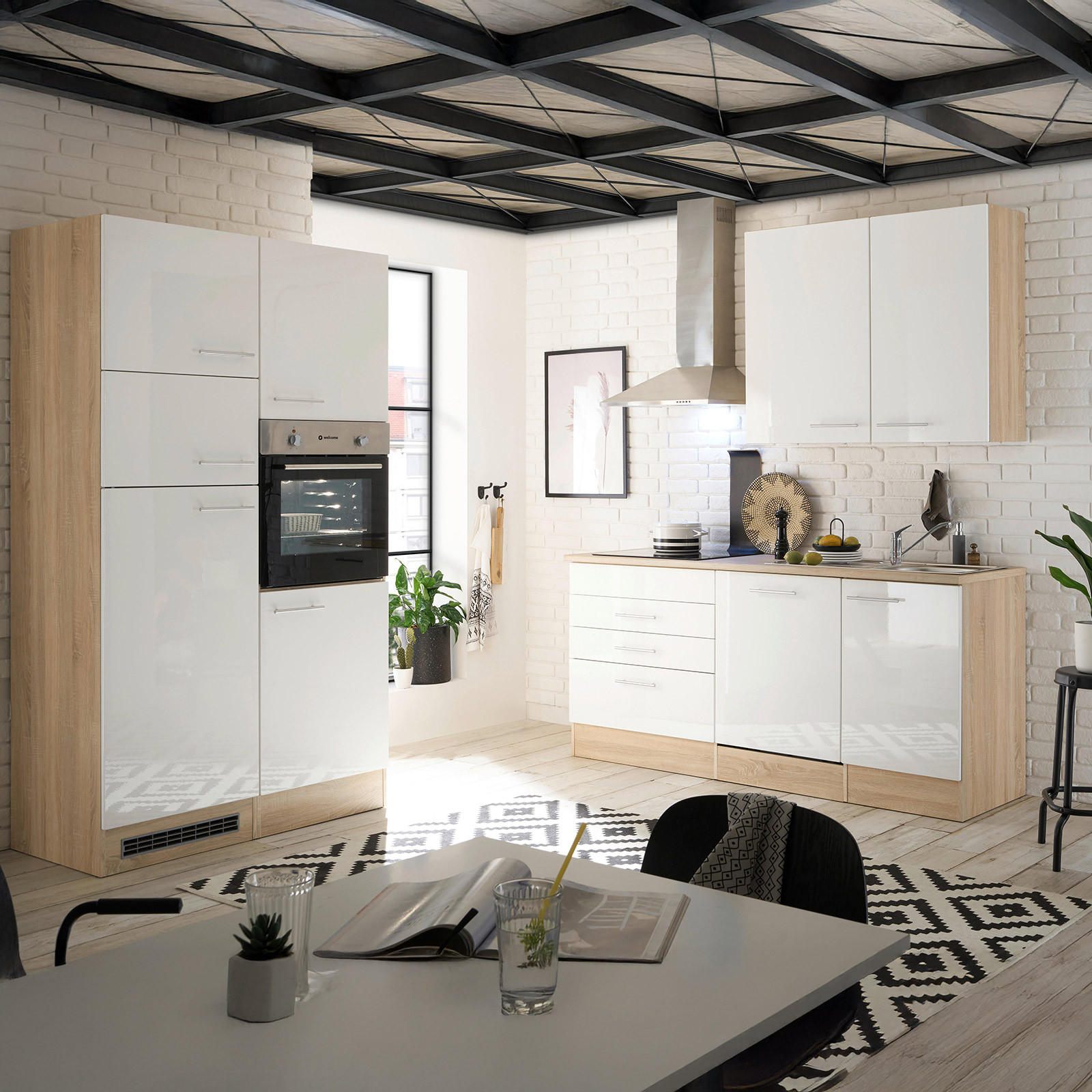 BUCĂTĂRIE FĂRĂ ELECTROCASNICE  - stejar Sonoma/alb, Modern, material pe bază de lemn (310cm) - Xora