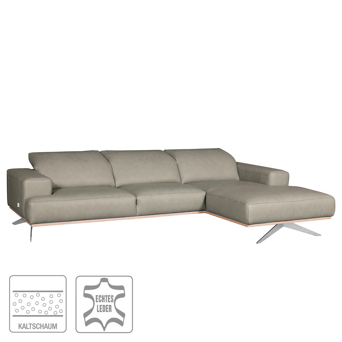 ECKSOFA Grau Echtleder Rücken echt, Kopfteilverstellung  - Chromfarben/Grau, Design, Leder/Metall (295/187cm) - Livetastic