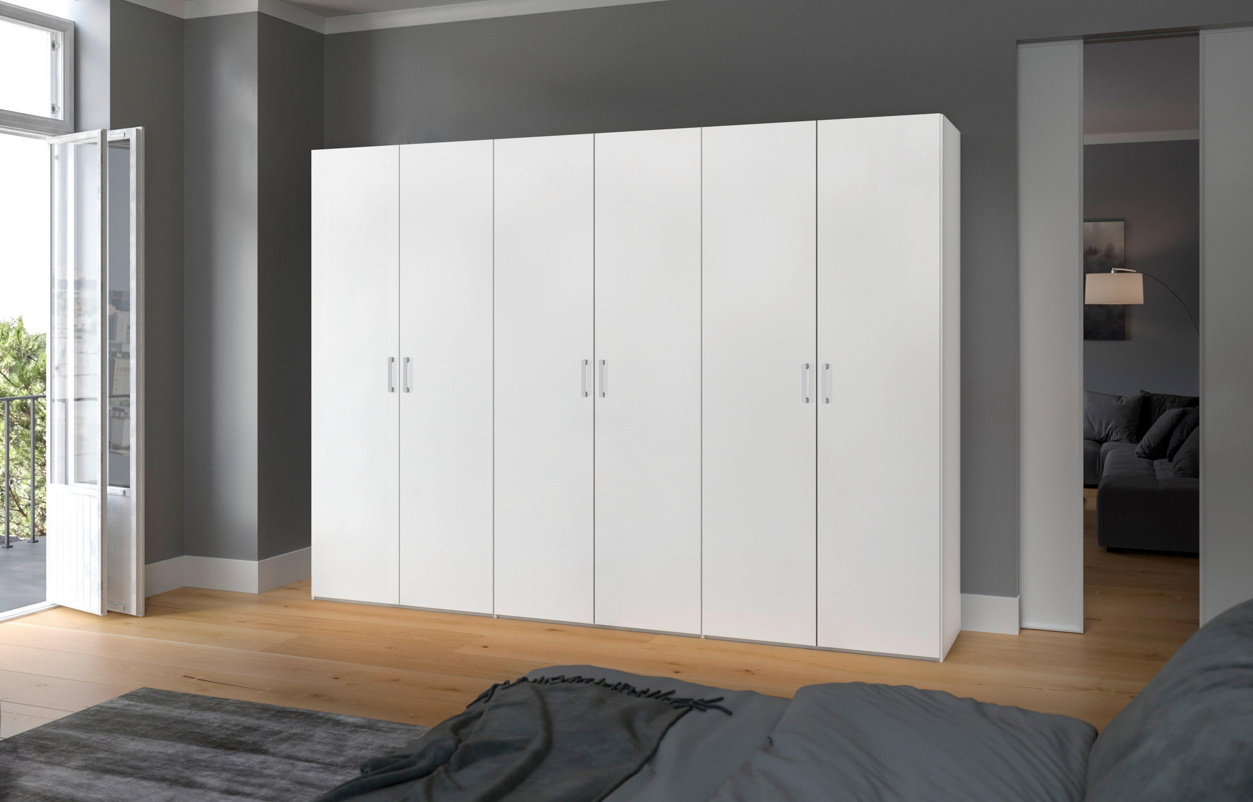 DREHTÜRENSCHRANK 303/195/59 cm 6-türig Weiß  - Chromfarben/Weiß, Design, Holzwerkstoff (303/195/59cm) - Boxxx