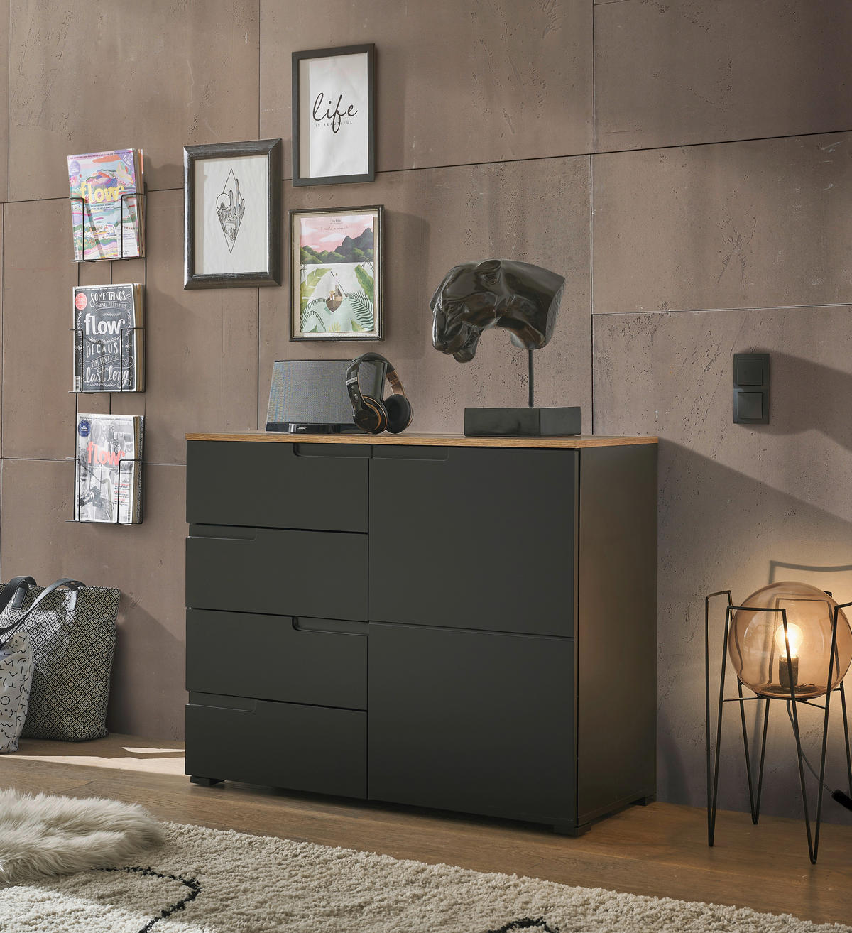 KOMMODE  in 100/80/40 cm  - Eichefarben/Schwarz, Design, Holzwerkstoff/Kunststoff (100/80/40cm) - home24