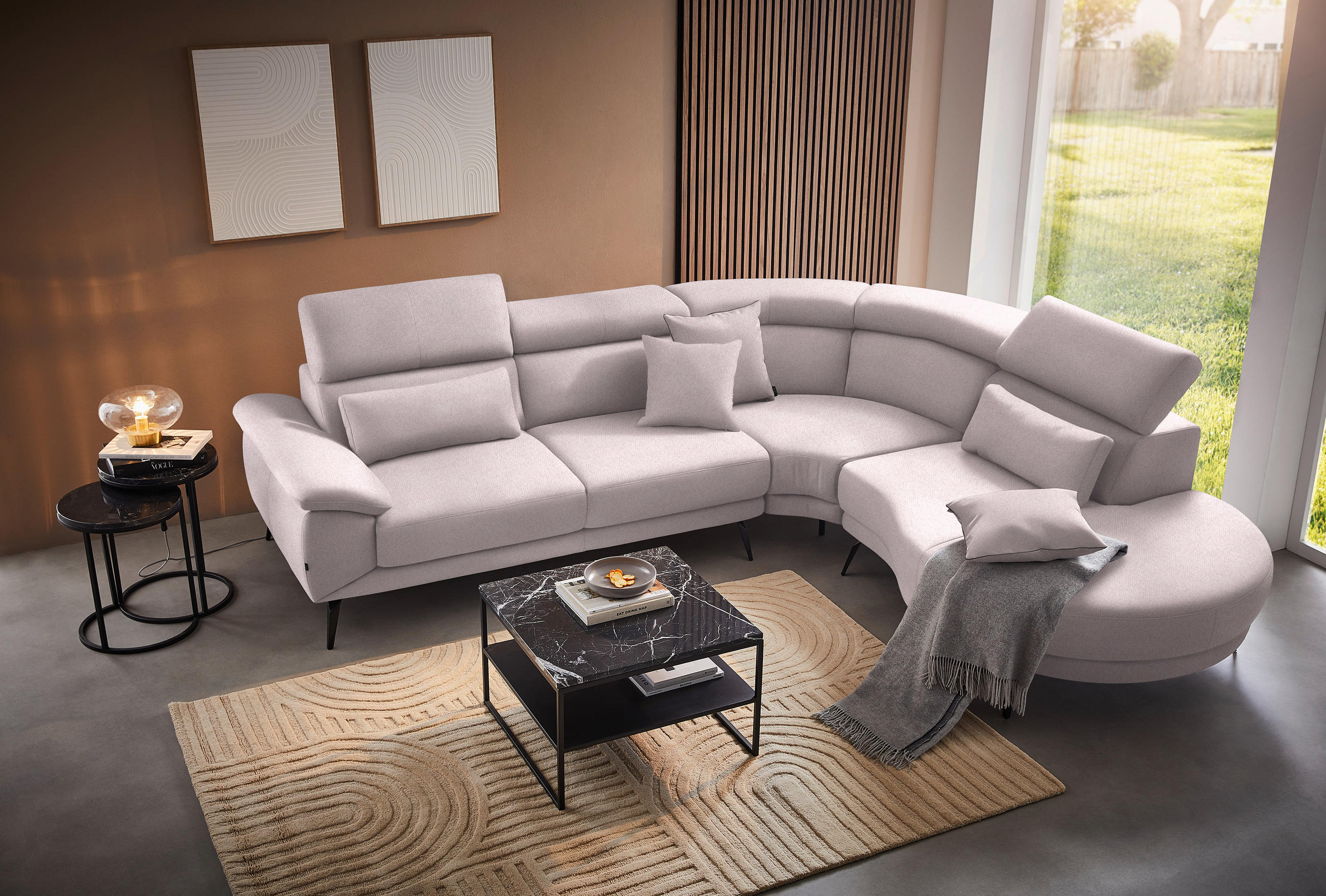 ECKSOFA Hellrosa Velours  - Hellrosa/Schwarz, Design, Textil/Metall (299/264cm) - Novel