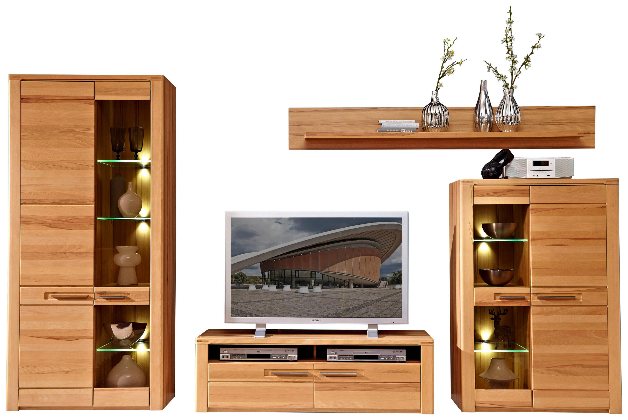 WOHNWAND 320/185/45 cm in Buchefarben - Edelstahlfarben/Buchefarben, Design, Glas/Holz (320/185/45cm) - Livetastic