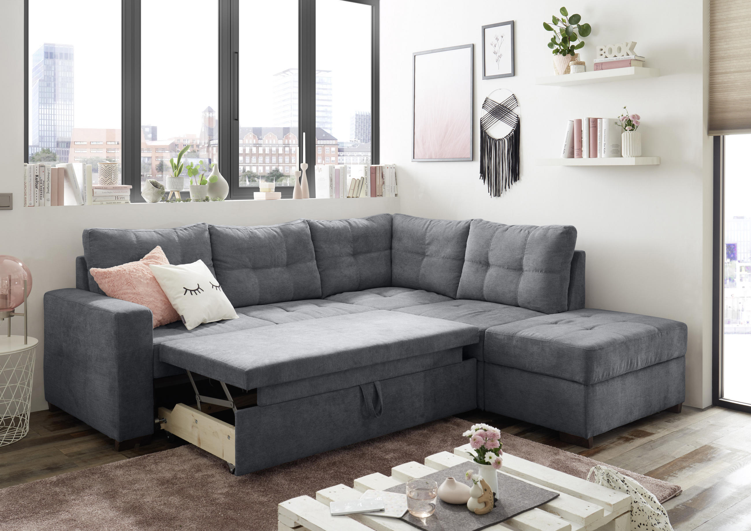 SAROKKANAPÉ textil, faalapú anyag antracit  - fekete/antracit, Basics, műanyag/faalapú anyag (234/213cm) - MID.YOU