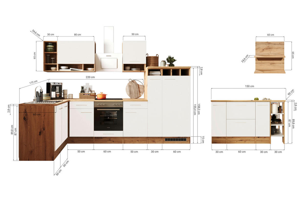 HÖRNKÖK 310/172 cm  i vit  - vit/aluminiumfärg, Design, metall/trämaterial (310/172cm) - Respekta