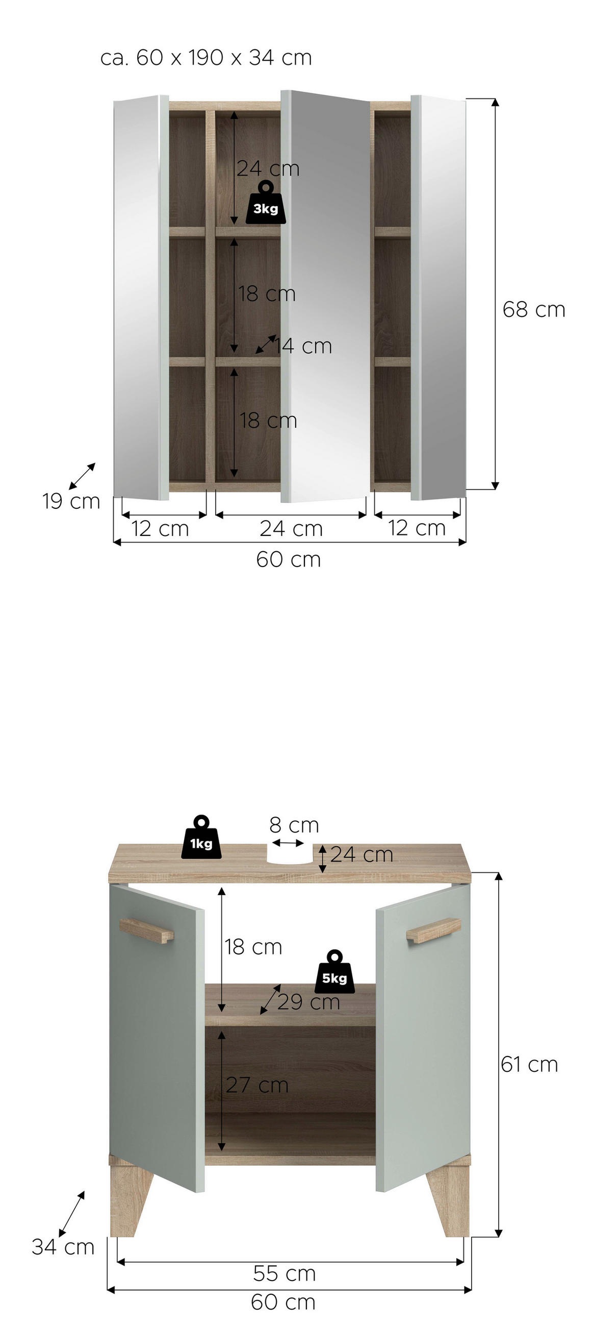 BADEZIMMER 2-teilig 60 cm  - Eiche San Remo/Graugrün, Modern, Holzwerkstoff/Kunststoff (60cm) - MID.YOU
