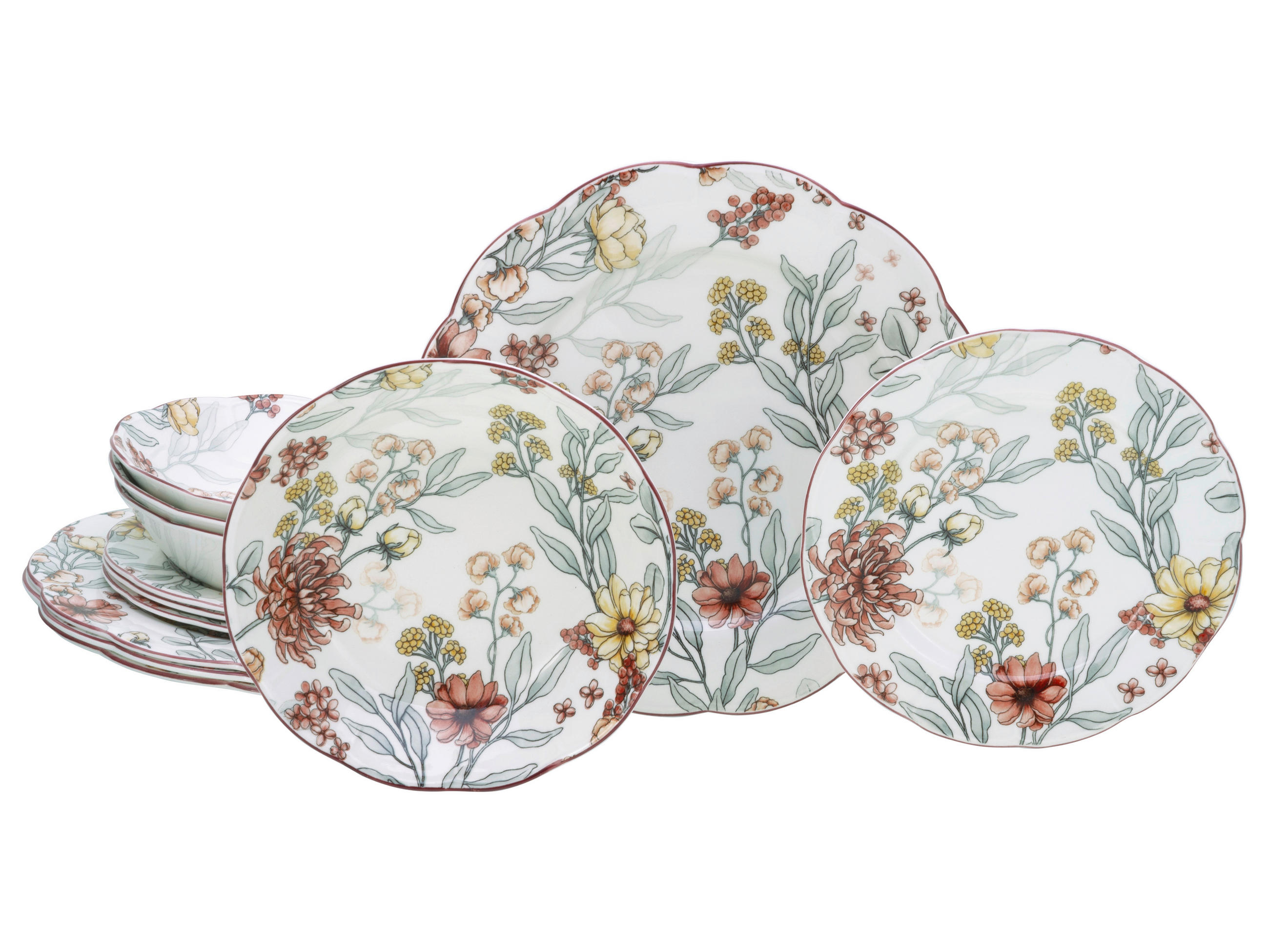TAFELSERVICE Fiore 12-teilig  - Bordeaux/Weiß, Basics, Keramik - Creatable