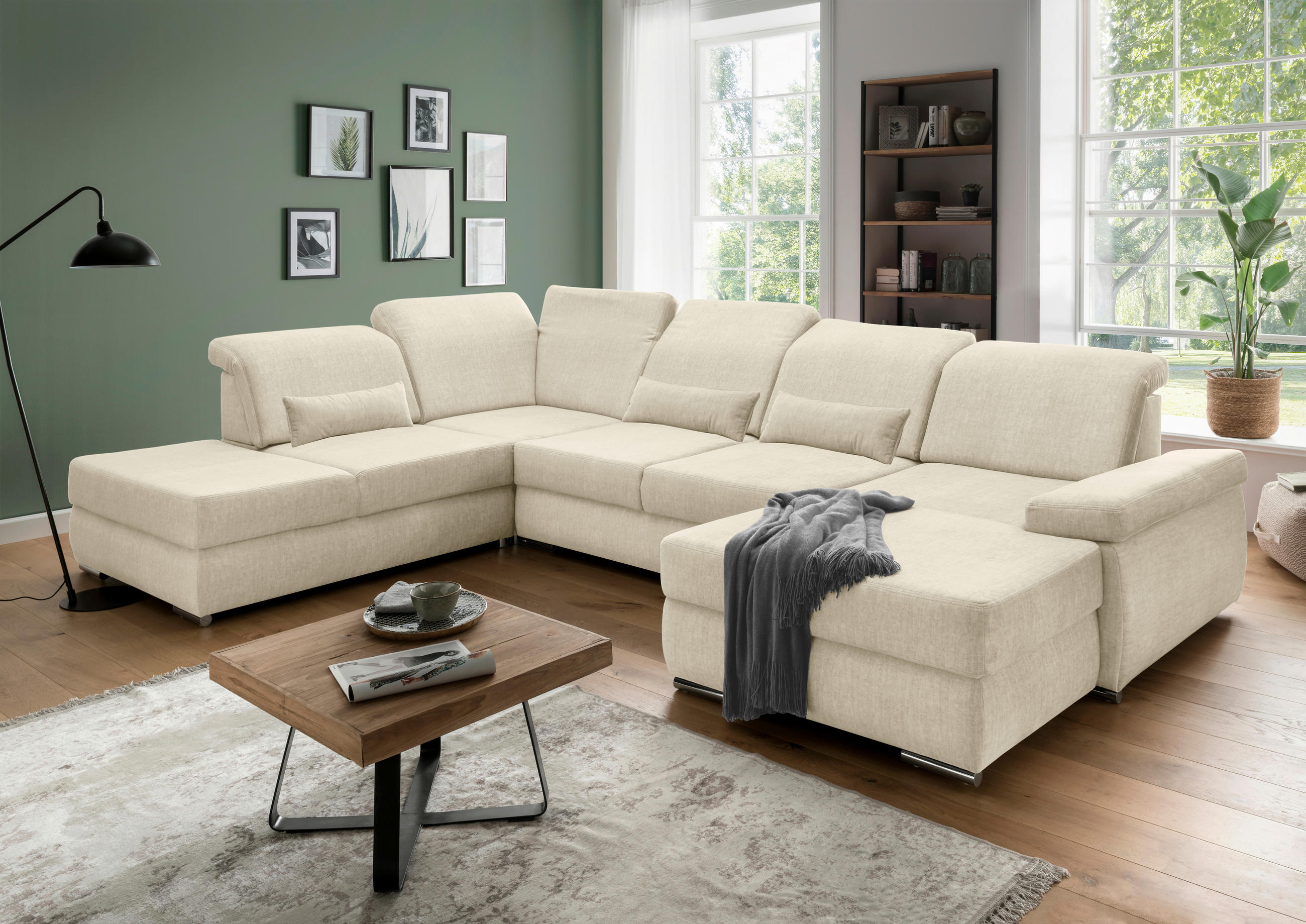 WOHNLANDSCHAFT Creme Velours  - Chromfarben/Creme, MODERN, Textil/Metall (250/375/186cm) - Livetastic