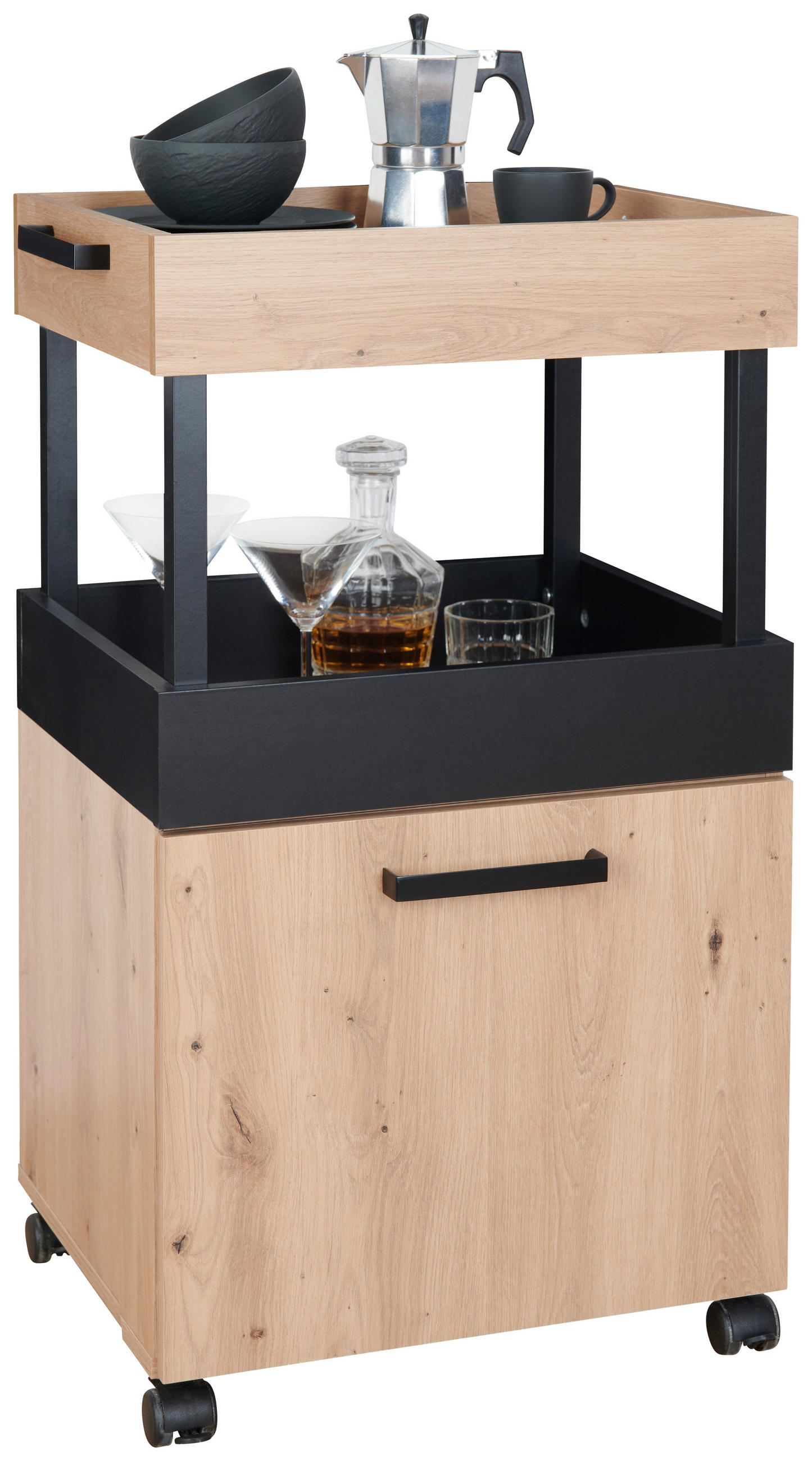 SERVIERWAGEN Schwarz, Eichefarben  - Eichefarben/Schwarz, MODERN, Holzwerkstoff/Metall (50/88/41cm)
