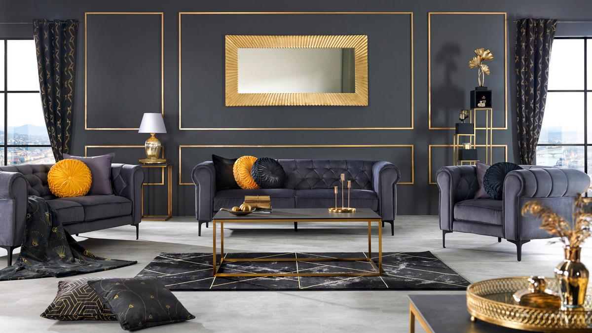 CHESTERFIELDSOFFA i sammet antracit  - svart/antracit, Trend, metall/textil (195/75/90cm) - Carryhome