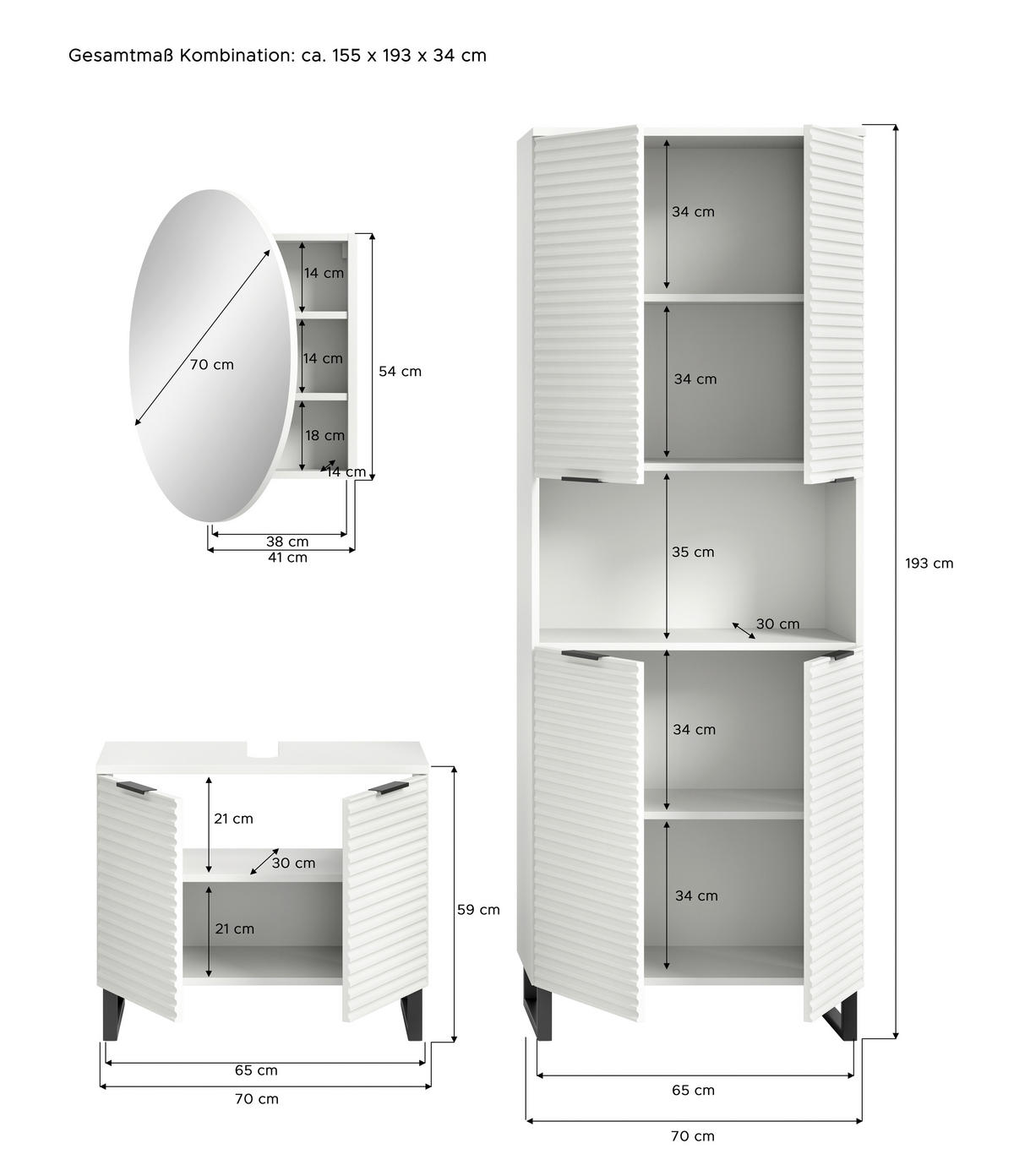 BADEZIMMER 3-teilig  in 140 cm  - Schwarz/Weiß, MODERN, Holzwerkstoff/Metall (140cm) - MID.YOU