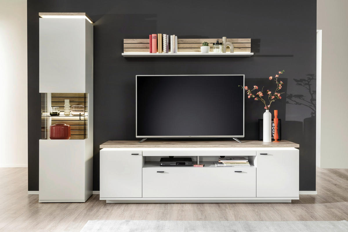 WOHNWAND  in Eichefarben, Weiß  270/207/50 cm  - Eichefarben/Anthrazit, Design, Glas/Holzwerkstoff (270/207/50cm) - Stylife
