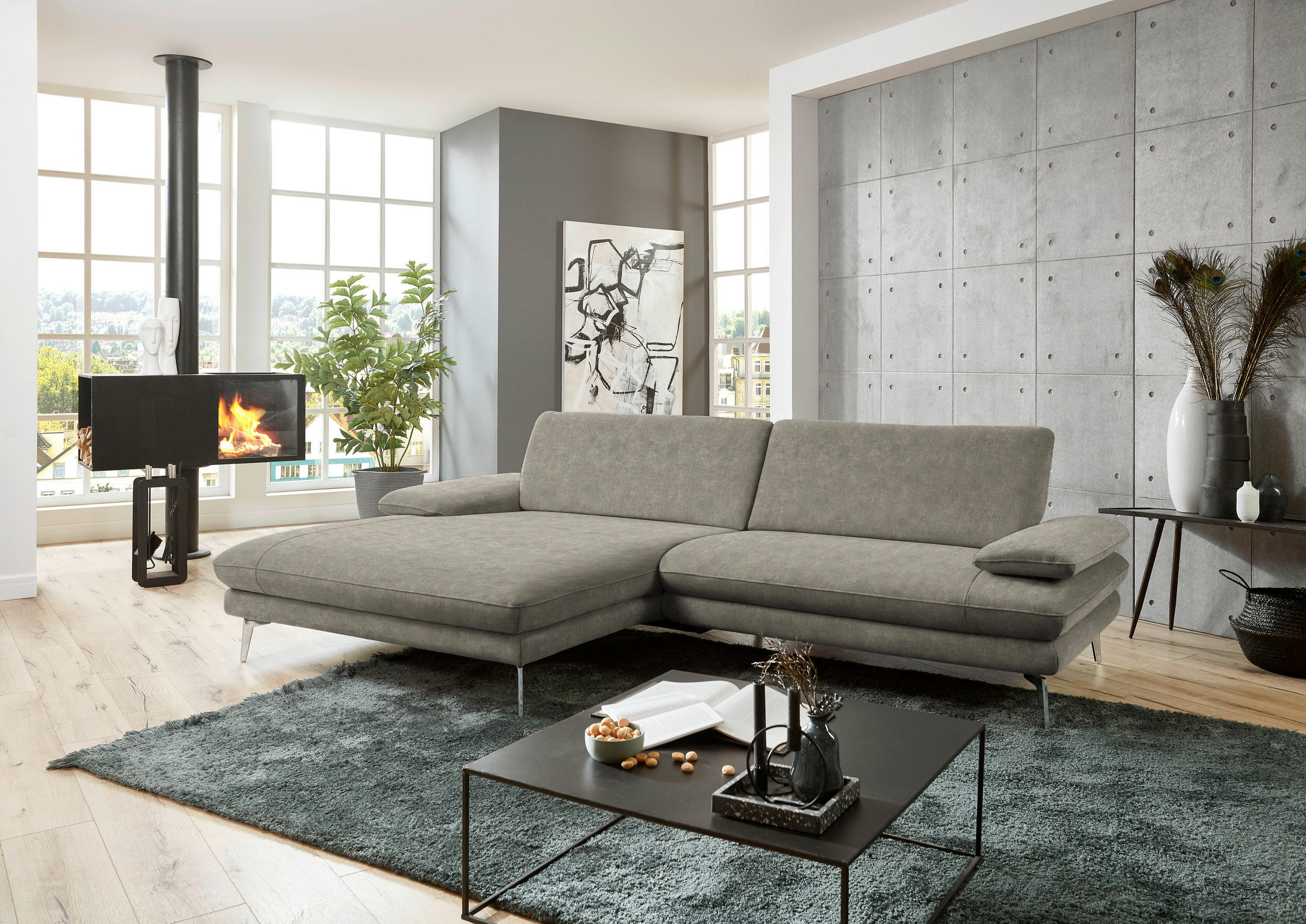 ECKSOFA in Velours Grau  - Schwarz/Grau, Design, Textil/Metall (184/284cm) - Dieter Knoll