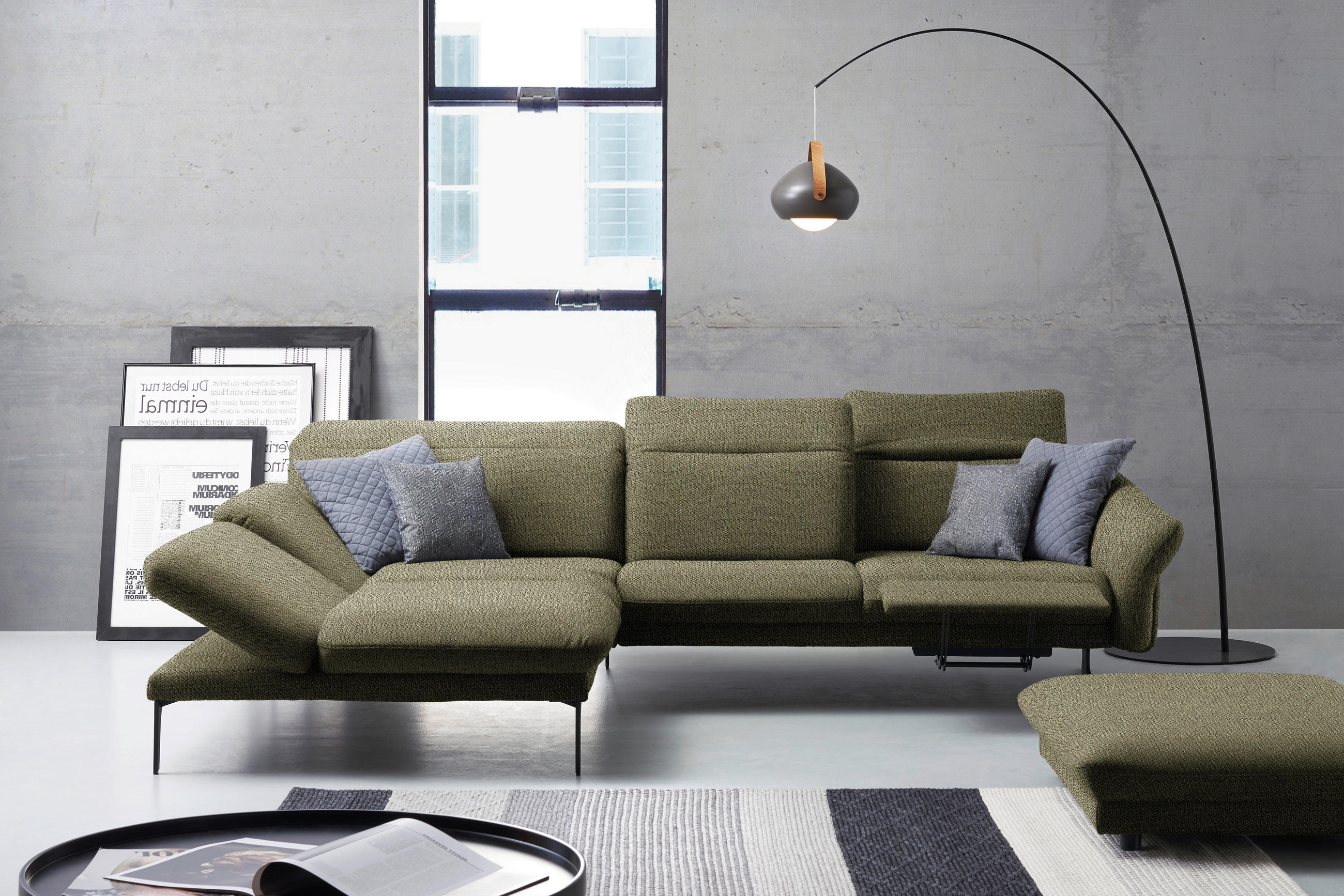 ECKSOFA in Webstoff Olivgrün  - Anthrazit/Olivgrün, Design, Textil/Metall (203/299cm) - Himolla