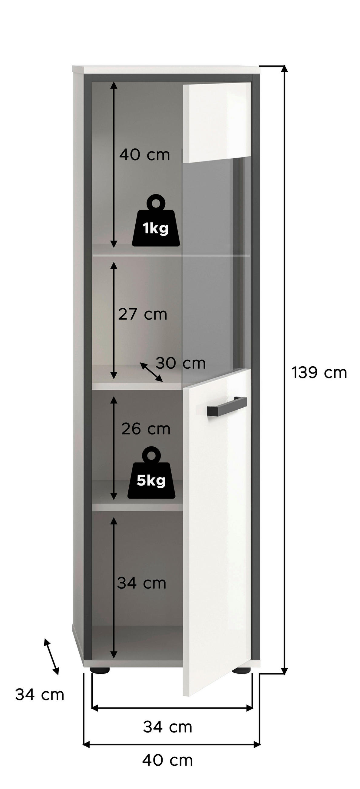 MIDISCHRANK 40/139/34 cm  - Weiß Hochglanz/Schwarz, MODERN, Glas/Holzwerkstoff (40/139/34cm) - MID.YOU