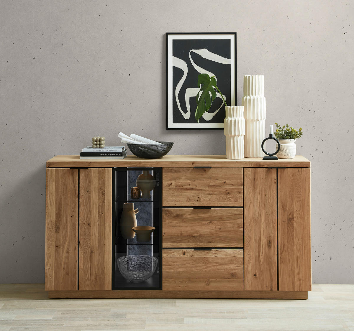 SIDEBOARD  180/93/48 cm 3 Schublade(n)  - Eiche Bianco/Anthrazit, Natur, Glas/Holz (180/93/48cm) - Linea Natura