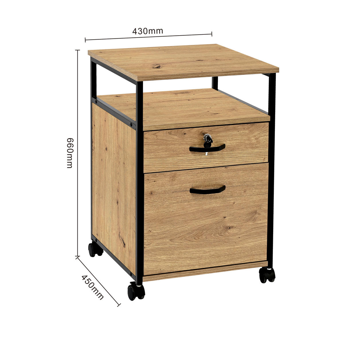 POJÍZDNÝ KONTEJNER, 43/66/45 cm - černá/dub artisan, Design, kov/kompozitní dřevo (43/66/45cm) - Carryhome