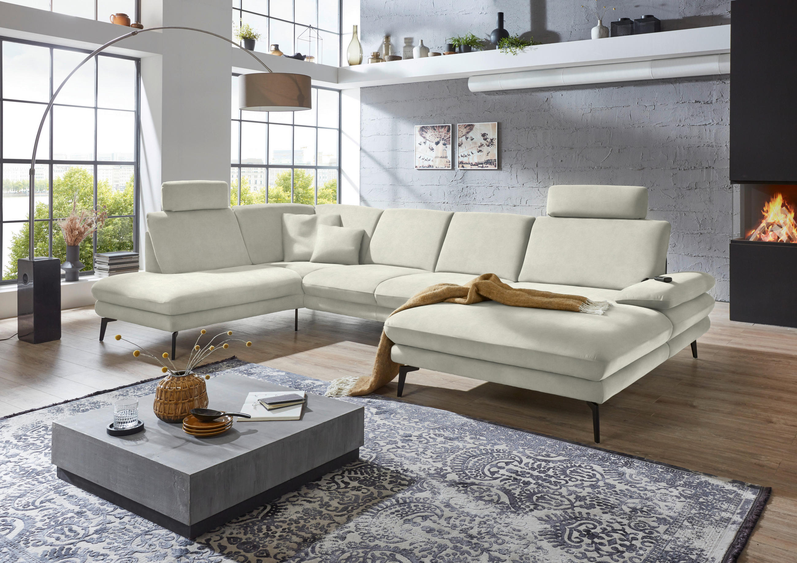 WOHNLANDSCHAFT in Velours Ecru  - Ecru/Schwarz, Design, Textil/Metall (208/344/180cm) - Dieter Knoll