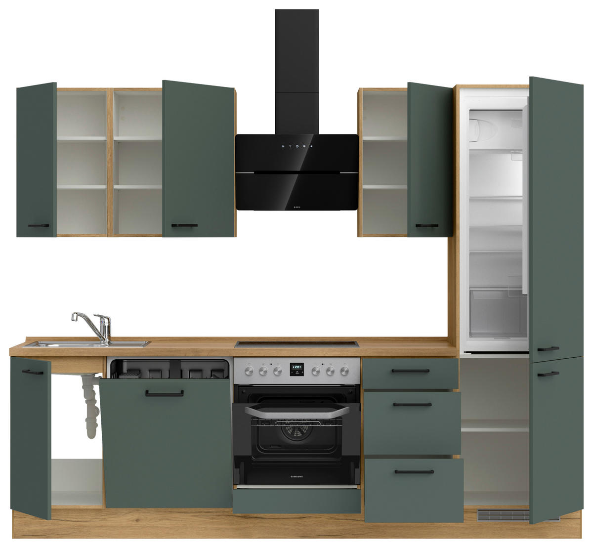 KÜCHENBLOCK Easytouch 270 cm  in Eichefarben, Dunkelgrün  - Dunkelgrün/Eichefarben, MODERN, Holzwerkstoff/Metall (270cm) - Nobilia