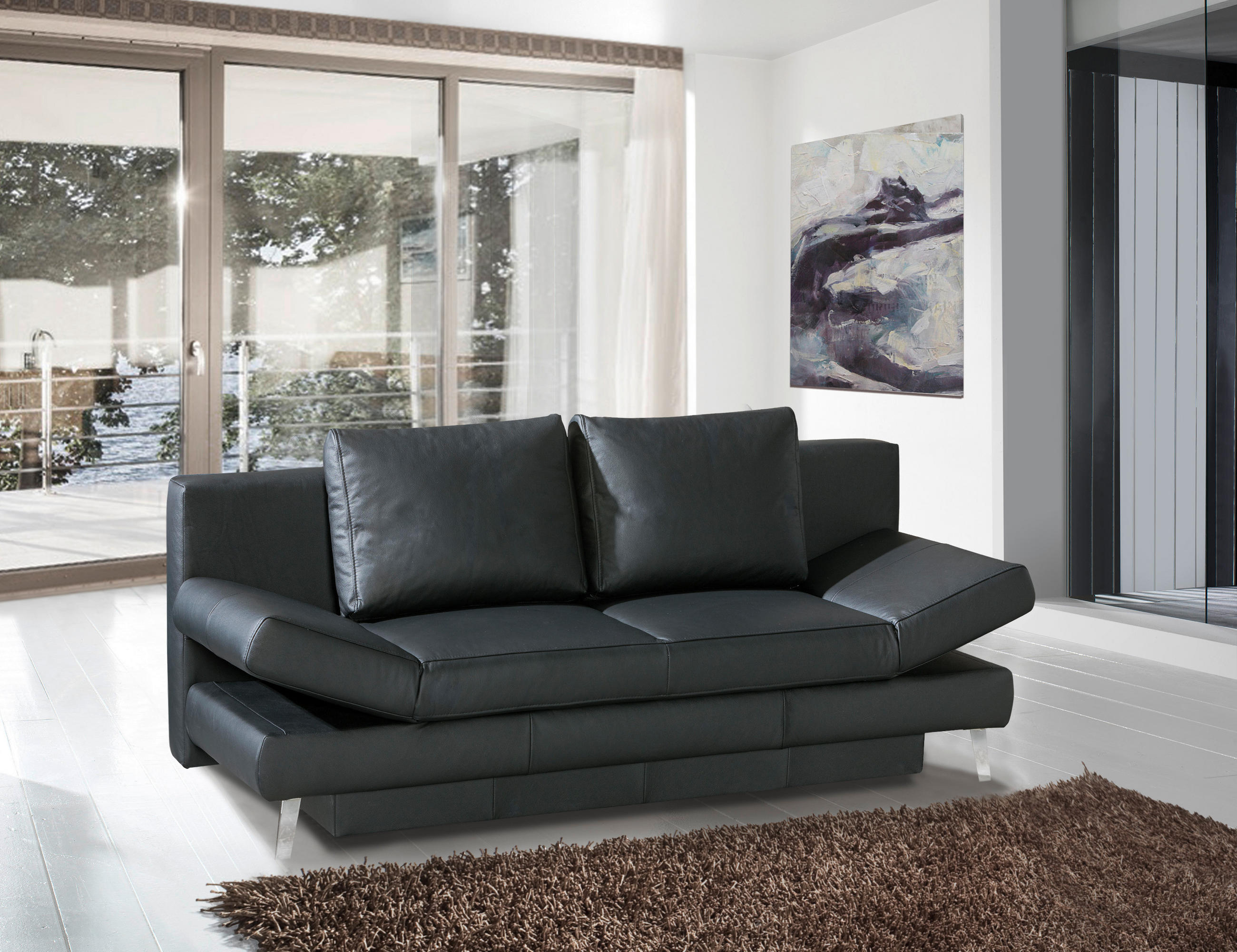 Thumbnail - Novel Schlafsofa, Anthrazit, Leder, Echtleder, Rindleder, Uni, 2-Sitzer, 200x85x90 cm, Bettkasten erhältlich, Fußauswahl...