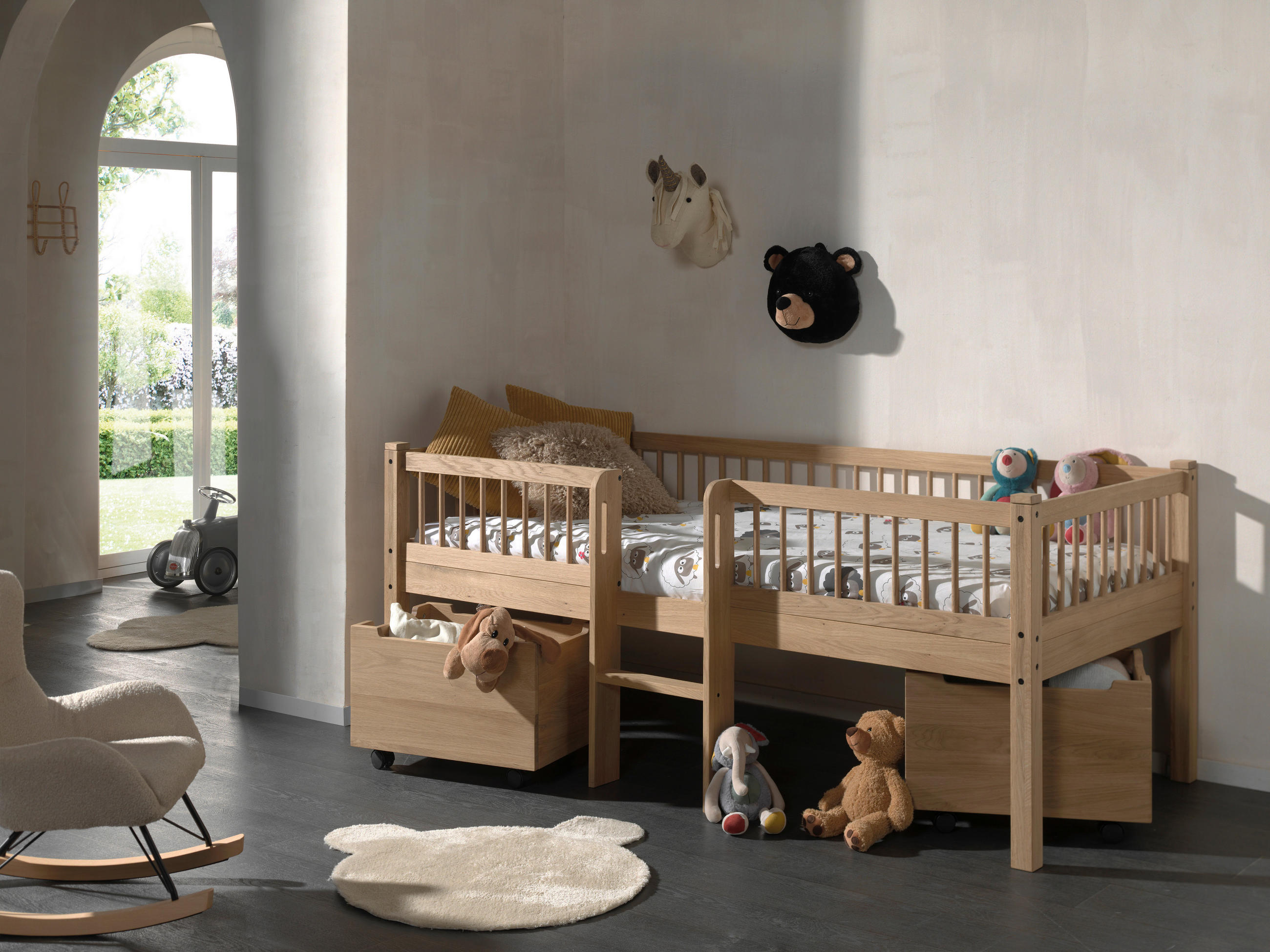 SPIELBETT Absturzsicherung, Leiter, Rollrost, Bettschublade 90/200 cm  in Eichefarben  - Eichefarben/Naturfarben, MODERN, Holz (90/200cm) - MID.YOU