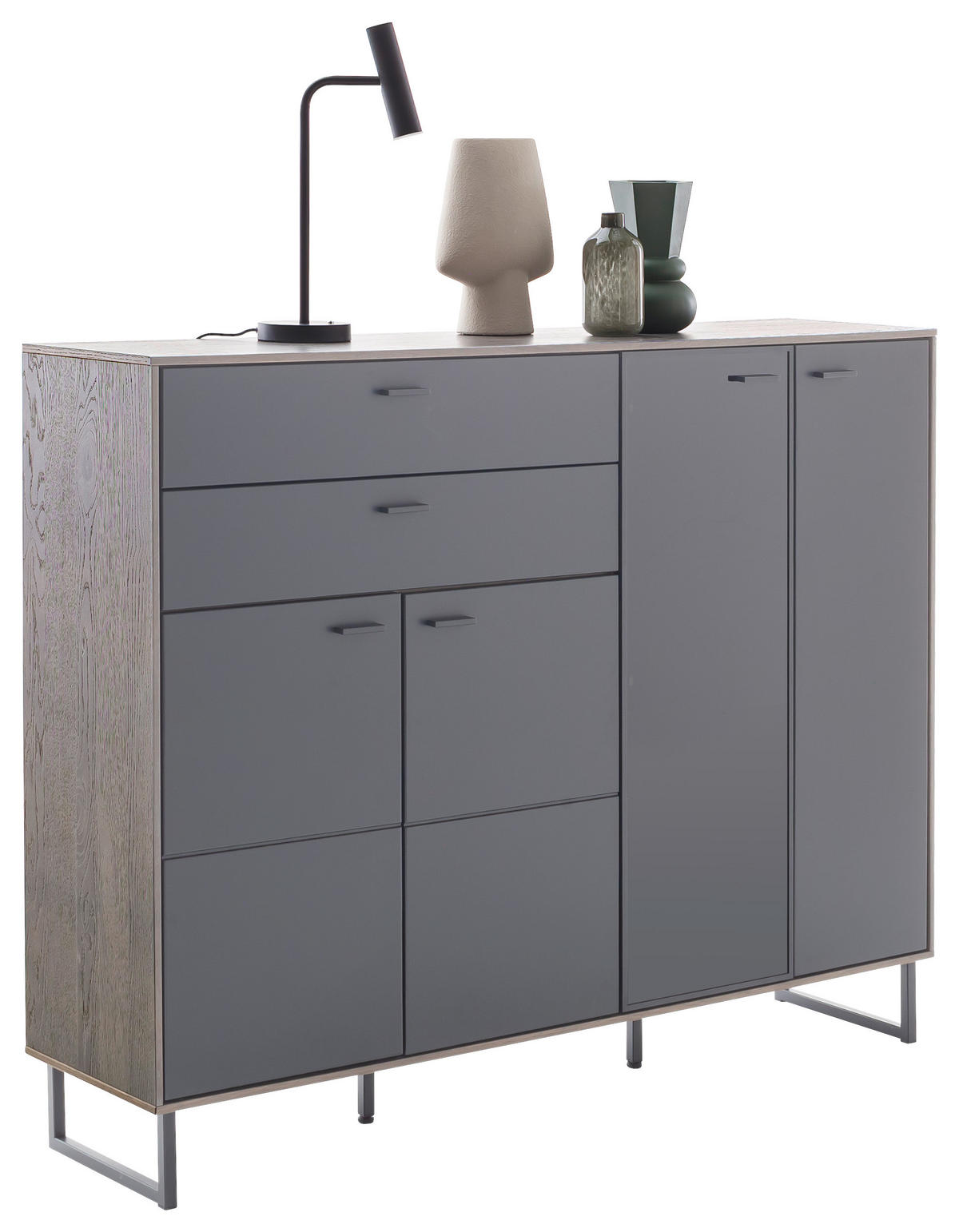 HIGHBOARD Schwarz, Eichefarben  148/118/37 cm  - Eichefarben/Anthrazit, Design, Glas/Holz (148/118/37cm) - Novel