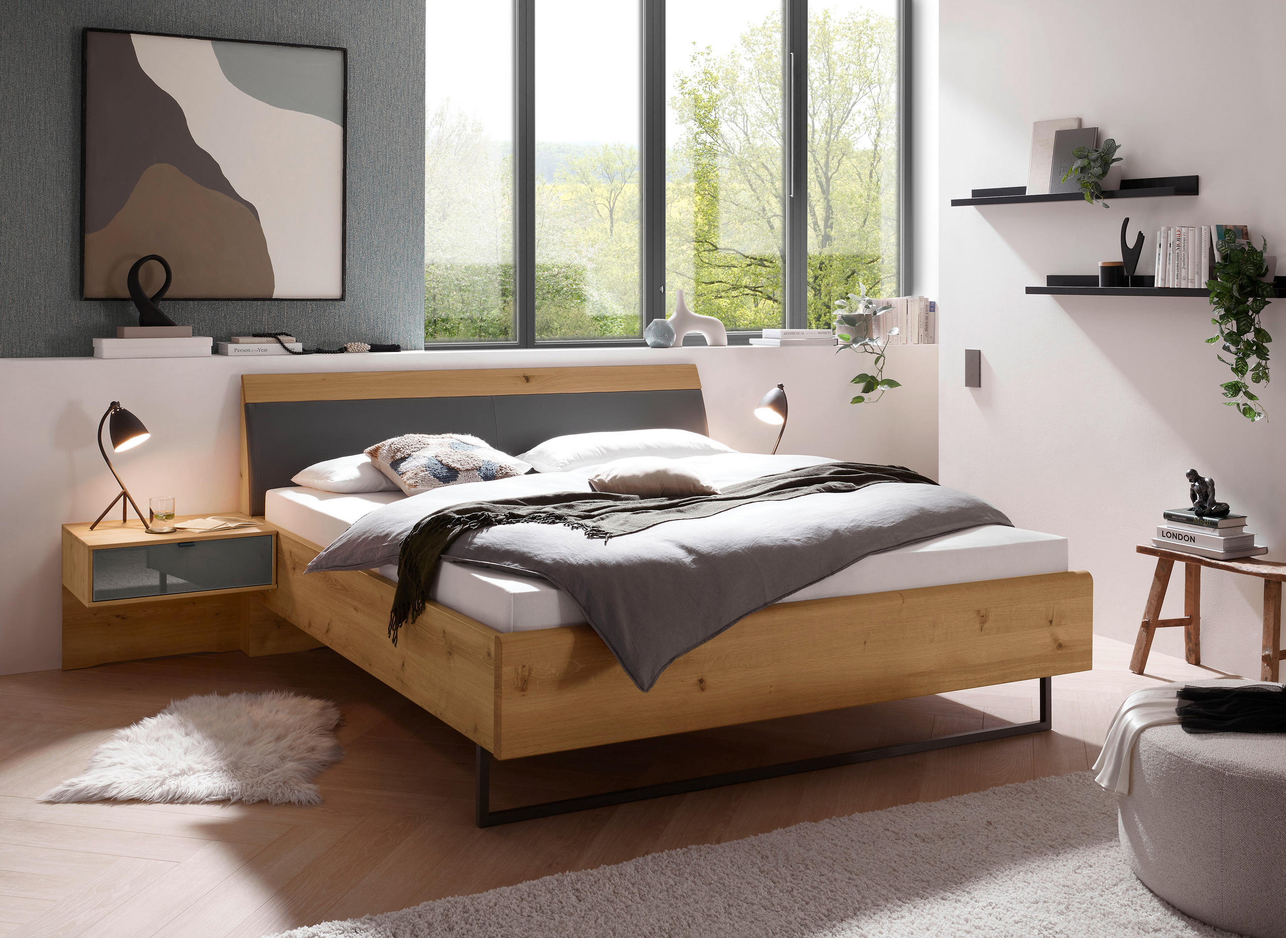 BETTANLAGE - Eiche Bianco/Lavagrau, Design, Glas/Holz (180/200cm) - Dieter Knoll