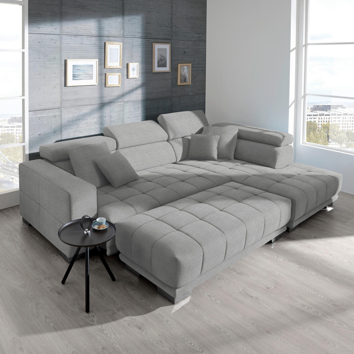 ECKSOFA in Mikrofaser Hellgrau  - Chromfarben/Hellgrau, Design, Textil/Metall (301/207cm) - Xora