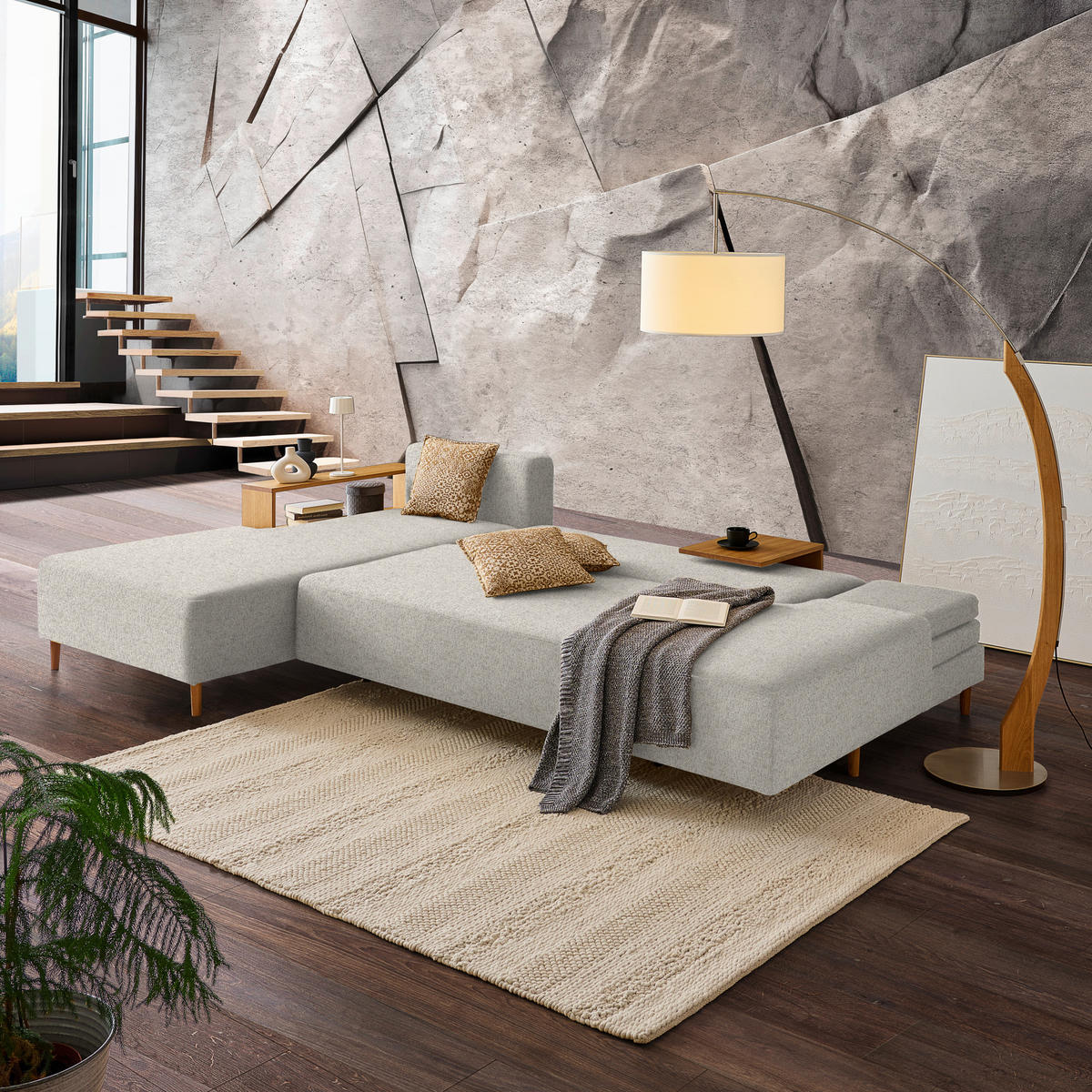 ECKSOFA in Flachgewebe Ecru  - Ecru/Eichefarben, Design, Holz/Textil (190/307cm) - Joka