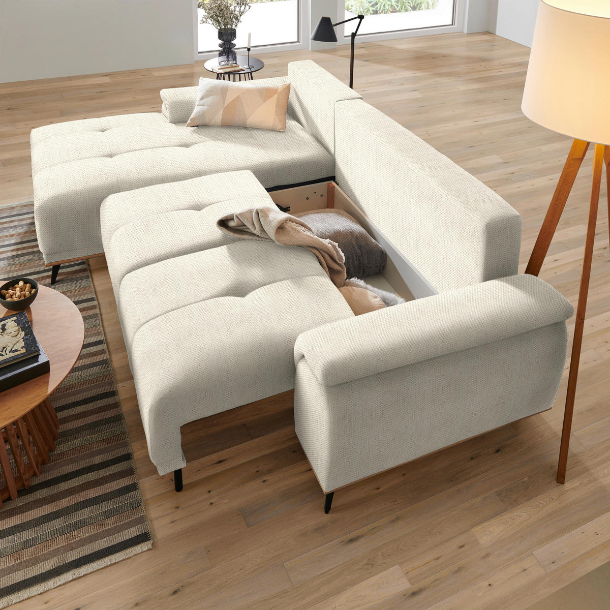 ECKSOFA Creme Chenille  - Creme/Schwarz, MODERN, Textil/Metall (168/262cm) - home24