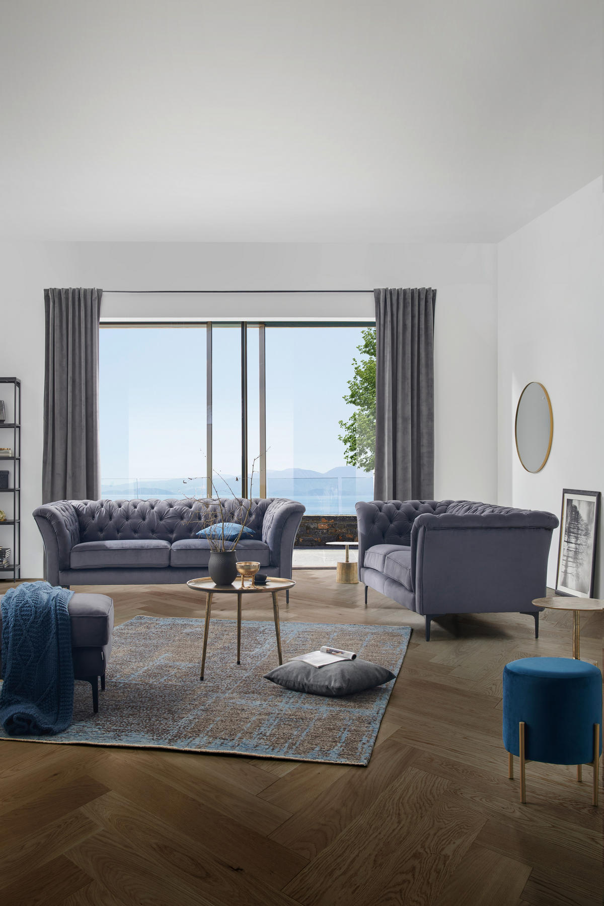 CHESTERFIELD-SOFA in Flachgewebe Anthrazit  - Anthrazit/Schwarz, Lifestyle, Textil/Metall (220/80/100cm) - Landscape