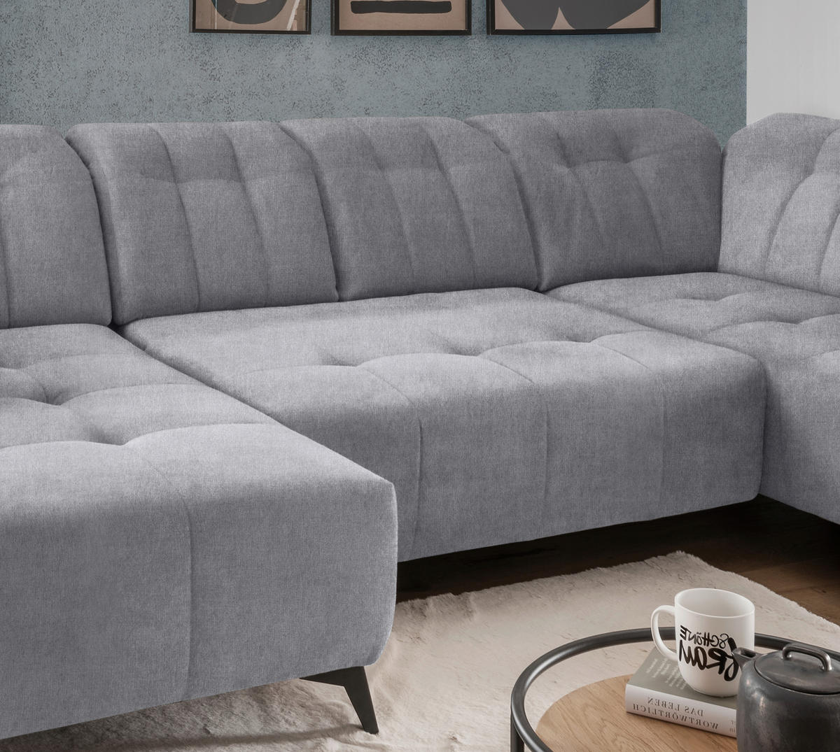 WOHNLANDSCHAFT Hellgrau Mikrofaser  - Hellgrau/Schwarz, MODERN, Textil/Metall (180/337/200cm) - Livetastic