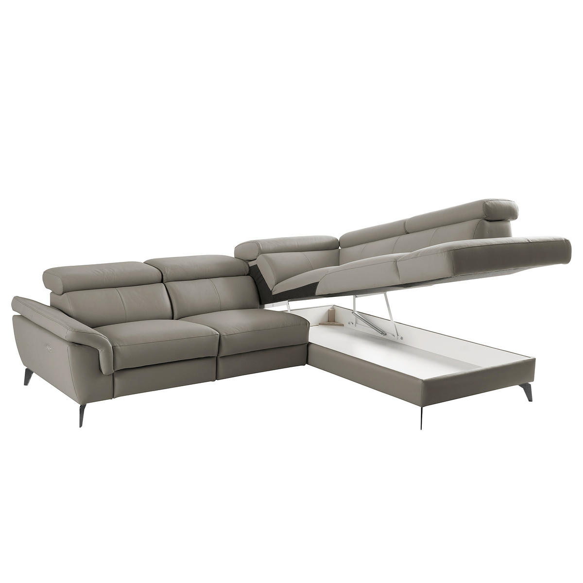 ECKSOFA SONO in Lederlook Echtleder Schlammfarben Bettkasten, Armteilverstellung, Kopfteilverstellung  265/210 cm  - Schlammfarben/Schwarz, Design, Leder/Textil (265/210cm) - Livetastic