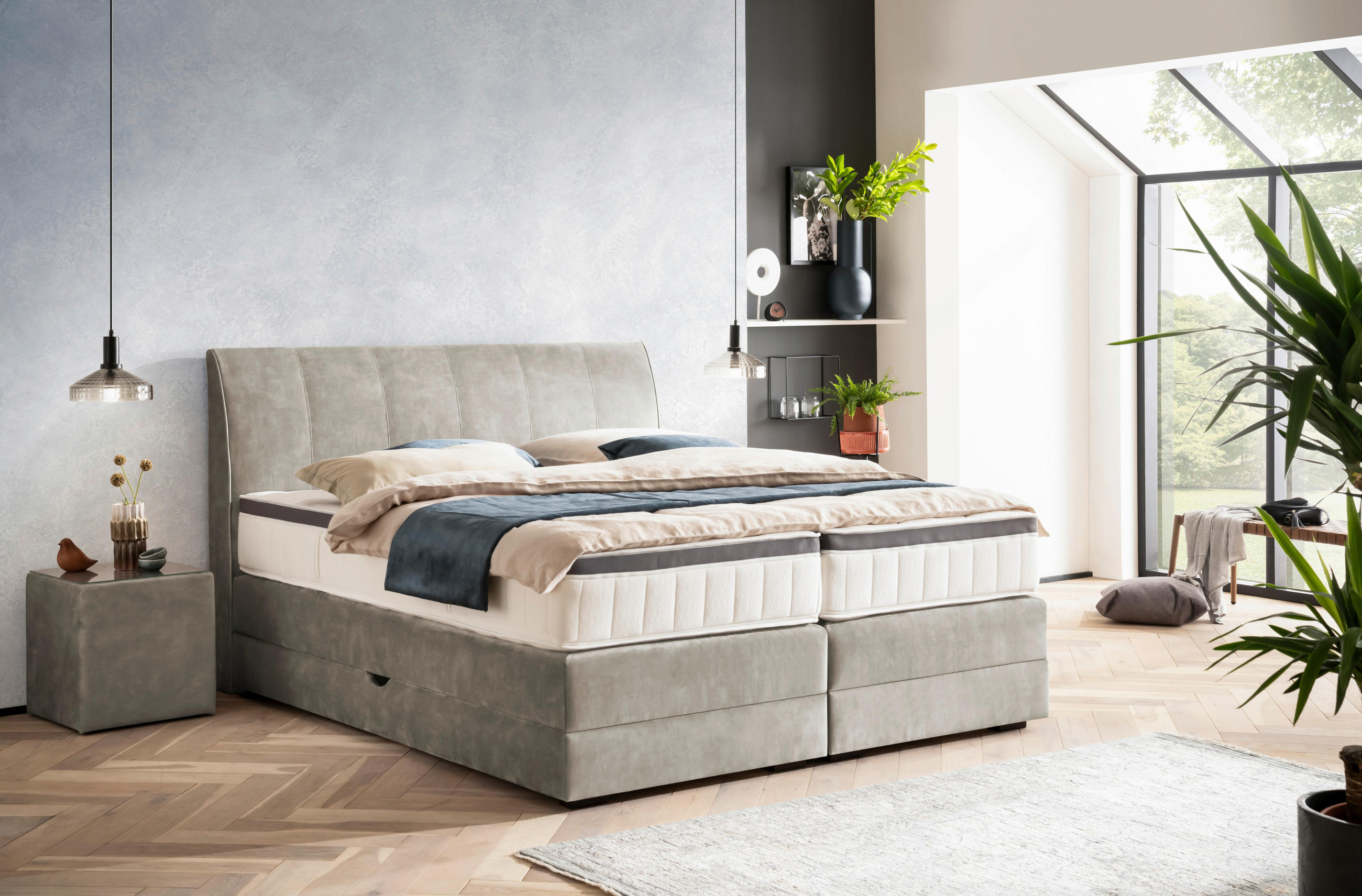 BOXSPRINGBETT 160/200 cm  in Hellgrau  - Wengefarben/Hellgrau, KONVENTIONELL, Holz/Textil (160/200cm) - Novel