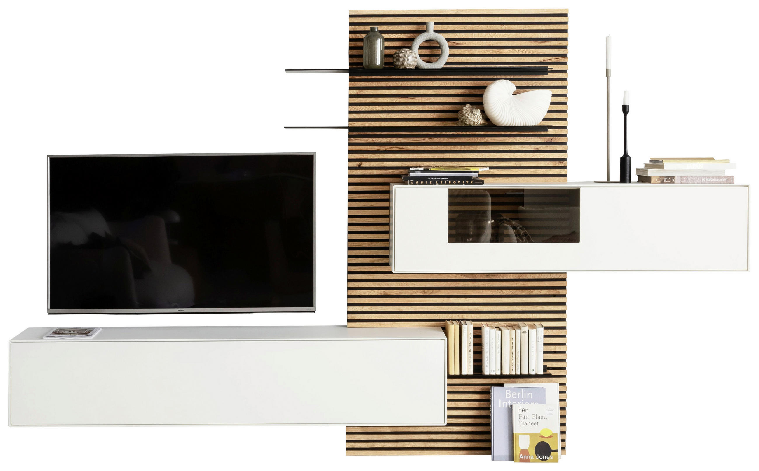 WOHNWAND 3-teilig  in Weiß, Eichefarben  323/202/39 cm  - Eichefarben/Weiß, Design, Glas/Holz (323/202/39cm) - Schöner Wohnen
