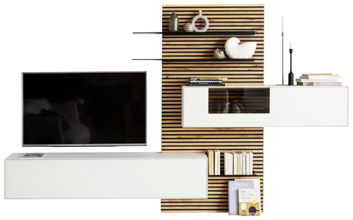 WOHNWAND 3-teilig  in Weiß, Eichefarben  323/202/39 cm  - Eichefarben/Weiß, Design, Glas/Holz (323/202/39cm) - Schöner Wohnen