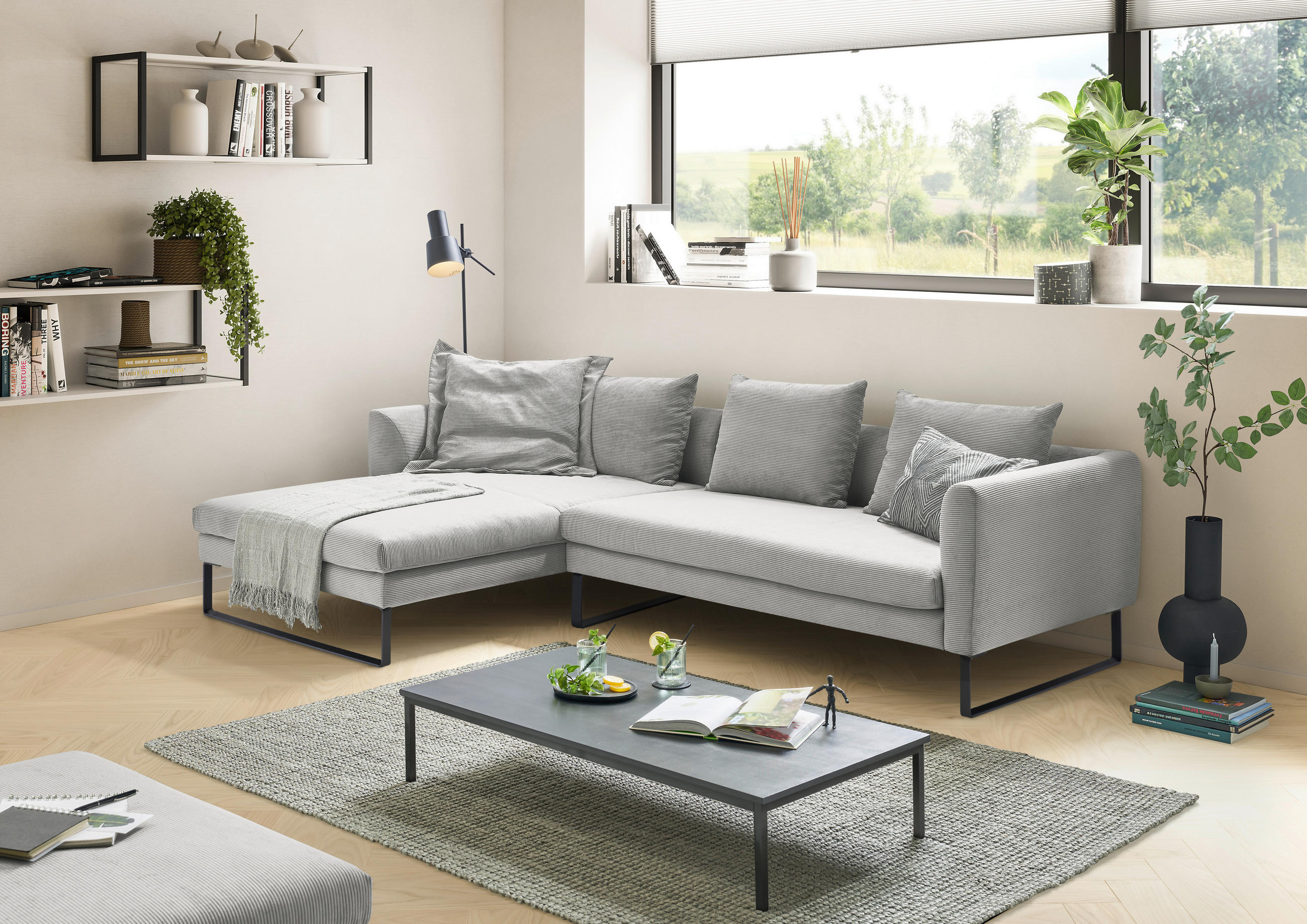 ECKSOFA in Cord Grau  - Schwarz/Grau, Konventionell, Textil/Metall (178/284cm) - Hom`in
