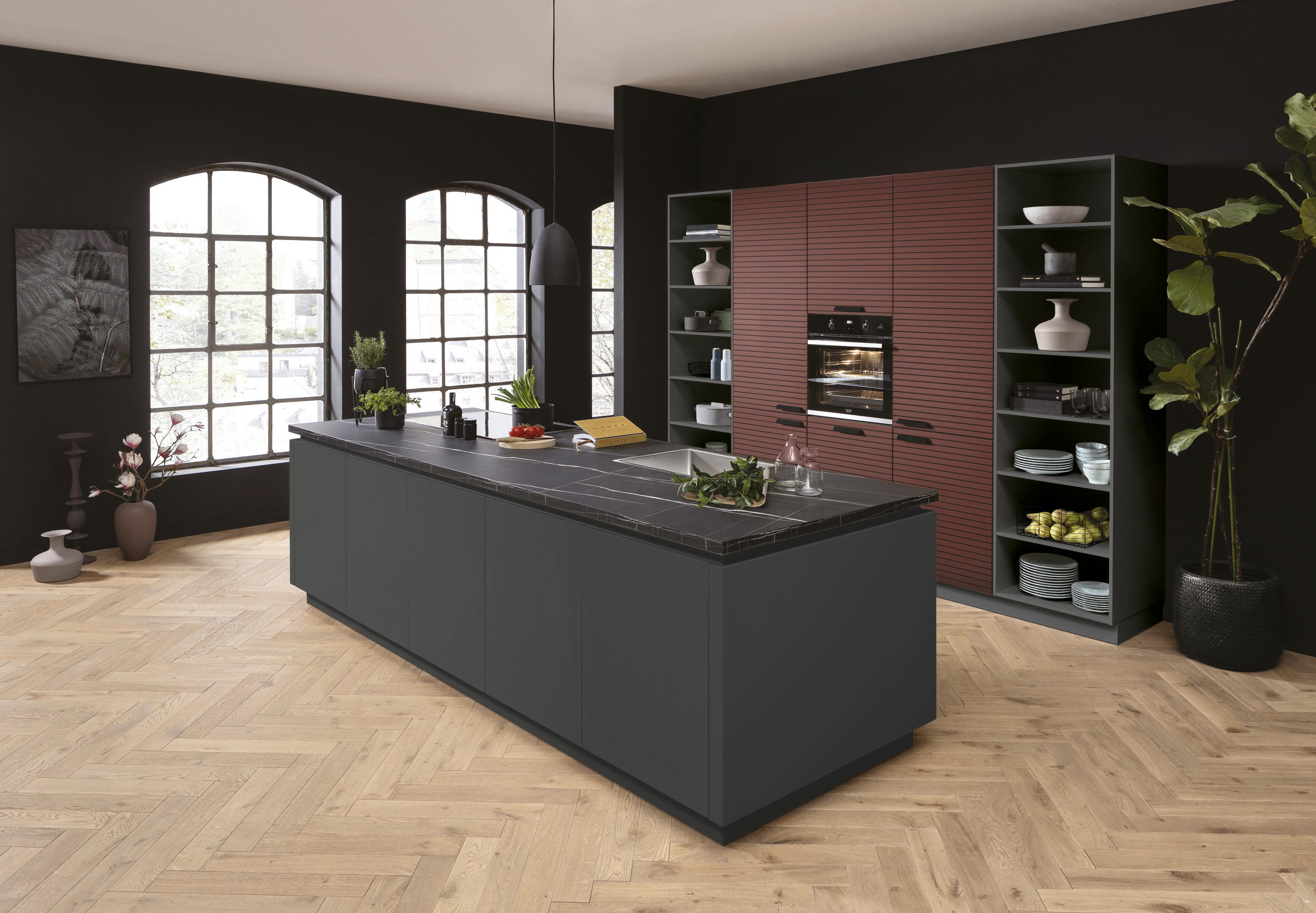 EINBAUKÜCHE Nicol  - Rot/Schwarz, Design, Holzwerkstoff - Novel